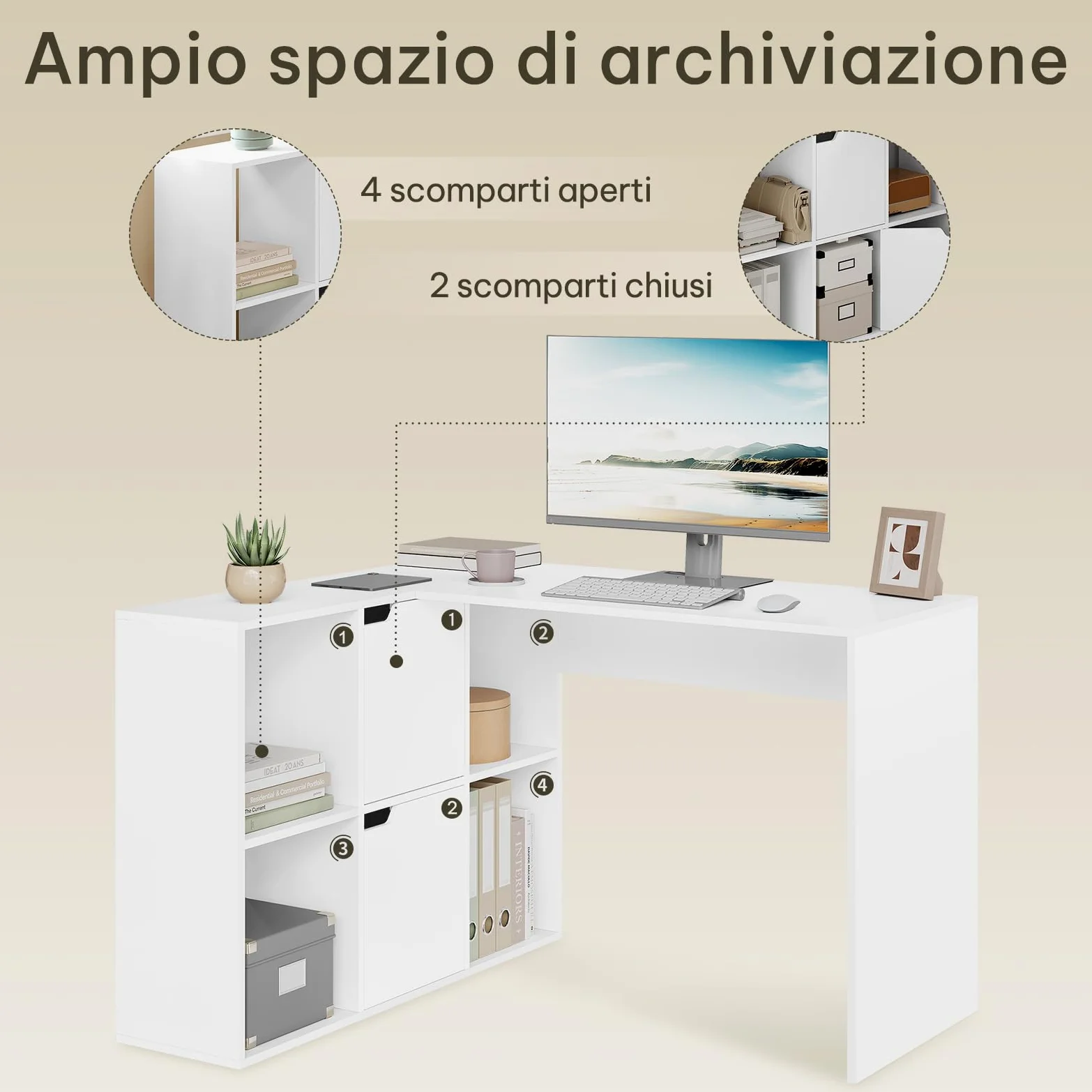 eSituro Scrivania Angolare a L con Libreria, 120 x 100 cm, Bianca | 4 Scomparti Libreria, 2 Armadi, Doppio Piano, per Computer e Studio