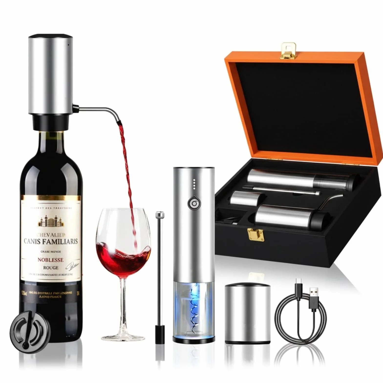Cavatappi Elettrico 4 in 1 Set Regalo, Apribottiglie Ricaricabile Automatico con Aeratore Vino, Tappo Sottovuoto e Tagliacapsule