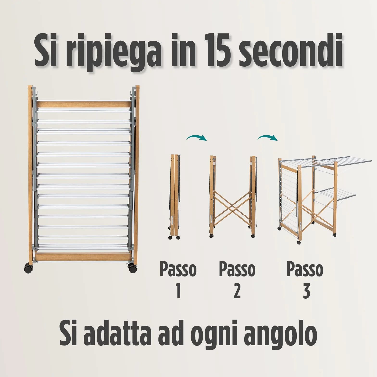 VITAPUR House Care XXL Stendibiancheria con Ruote - Stendino 2 Livelli 21m - Pieghevole 12cm Effetto Legno - Stendibiancheria da Terra Mobile Interno Esterno - 25kg Portata 136x69cm Salvaspazio