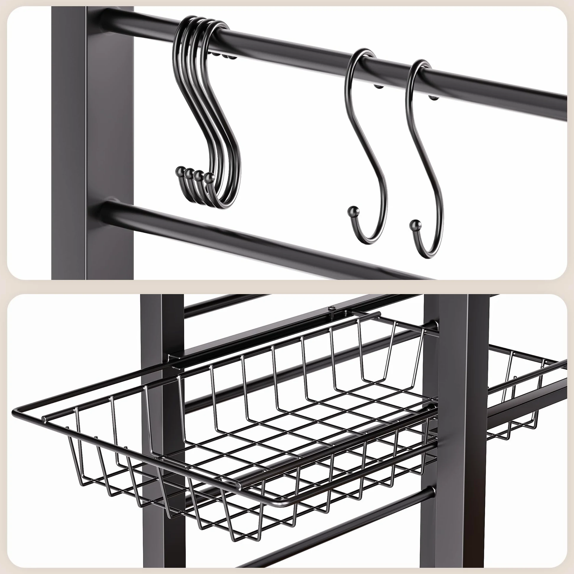 Bealife Scaffale da Cucina per Panetteria, Scaffale a 5 Ripiani con Ganci Laterali e Cestello in Filo, Scaffali in Legno e Metallo, Stile Industriale, 80,5x40,1x169,2 cm (Retro)
