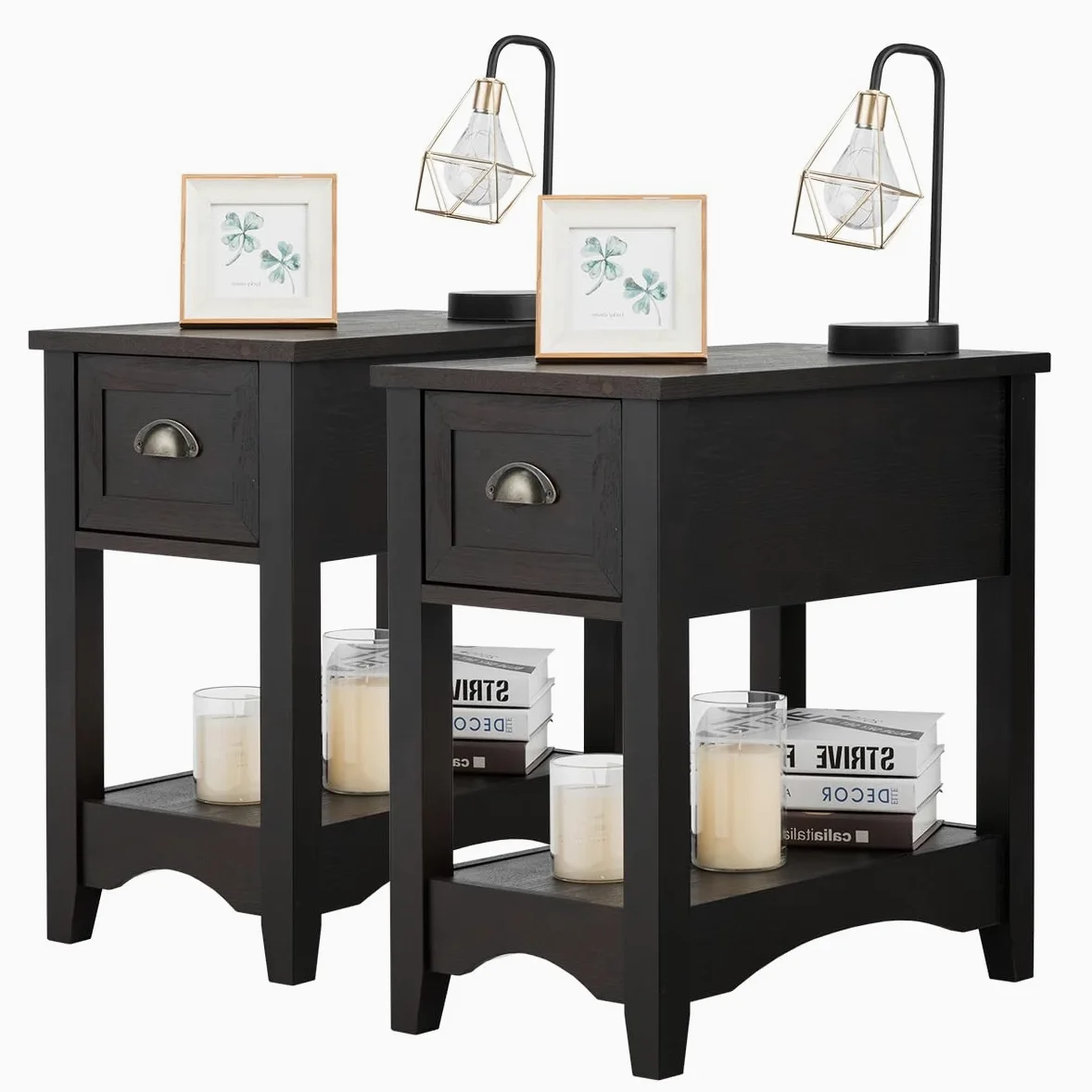 LIFEZEAL Set di 2 Comodini Stretti con 1 Cassetto, Comò a 2 Ripiani, Mobiletto Camera da Letto, Moderno, Tavolino Basso Laterale da Divano, Gambe in Legno Massello, per Soggiorno, 33x56x58,5cm, Noce