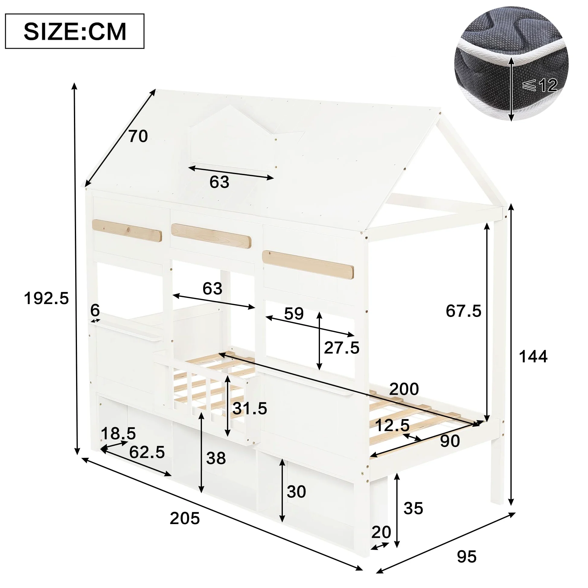 Letto Casetta per Bambini 90x200cm con Libreria e Finestre, Strutture letto in Legno di Pino, Rete a doghe(Nessun materasso