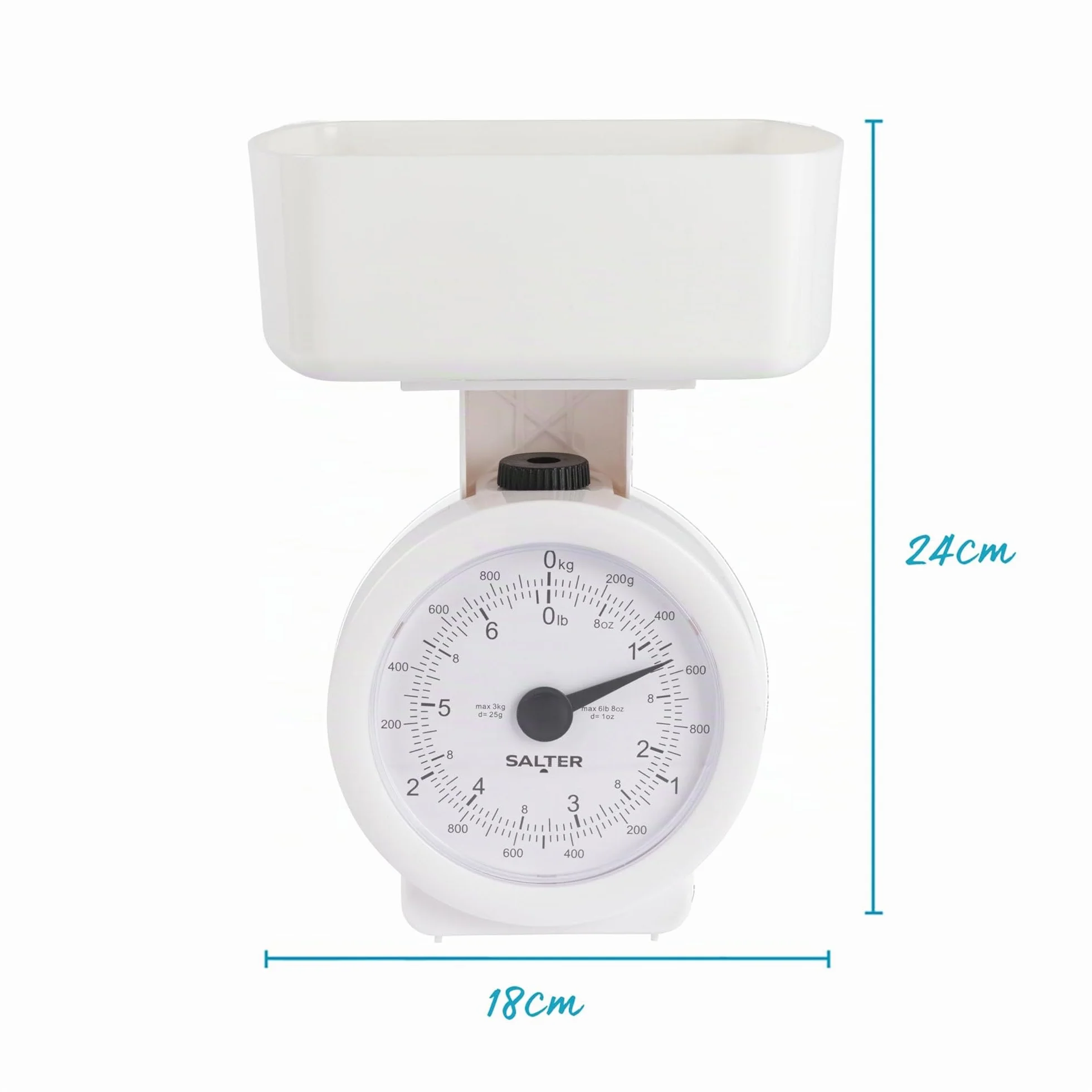 Salter 112 WHWHDR - Bilancia da cucina meccanica, max 3 kg, analogica, quadrante di facile lettura, lavabile in lavastoviglie, ingombro minimo, recipiente rimovibile da 1 l, senza batteria, bianco