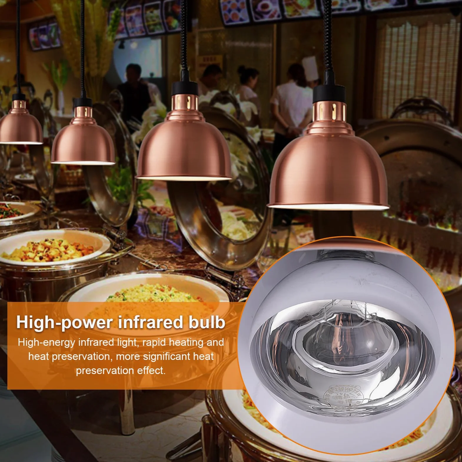 Lampada Riscaldante Cucina, 250W Lampada Riscaldante per Alimenti Regolabile, Lampada Scaldavivande Ristorante Sospeso 19 cm/25 cm per Ristoranti, Hotel (Acciaio inossidabile-25cm,2 Pezzi)