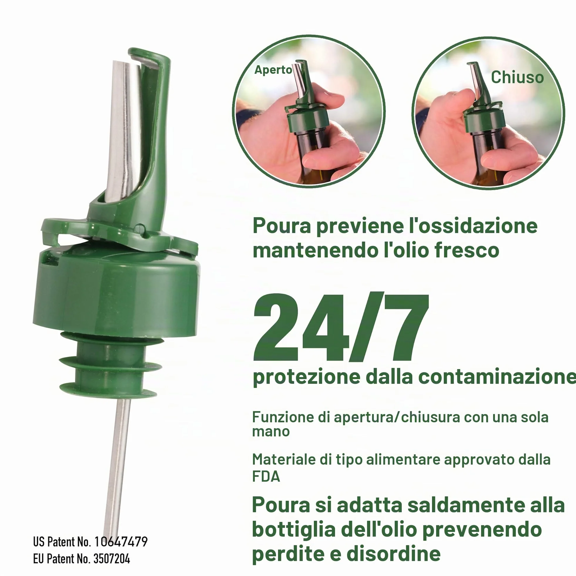 Poura Bottiglia Olio d'Oliva e Aceto Set Vetro 500 ml con Tappo Dosatore Salvagoccia ClickSeal e Imbuto Silicone