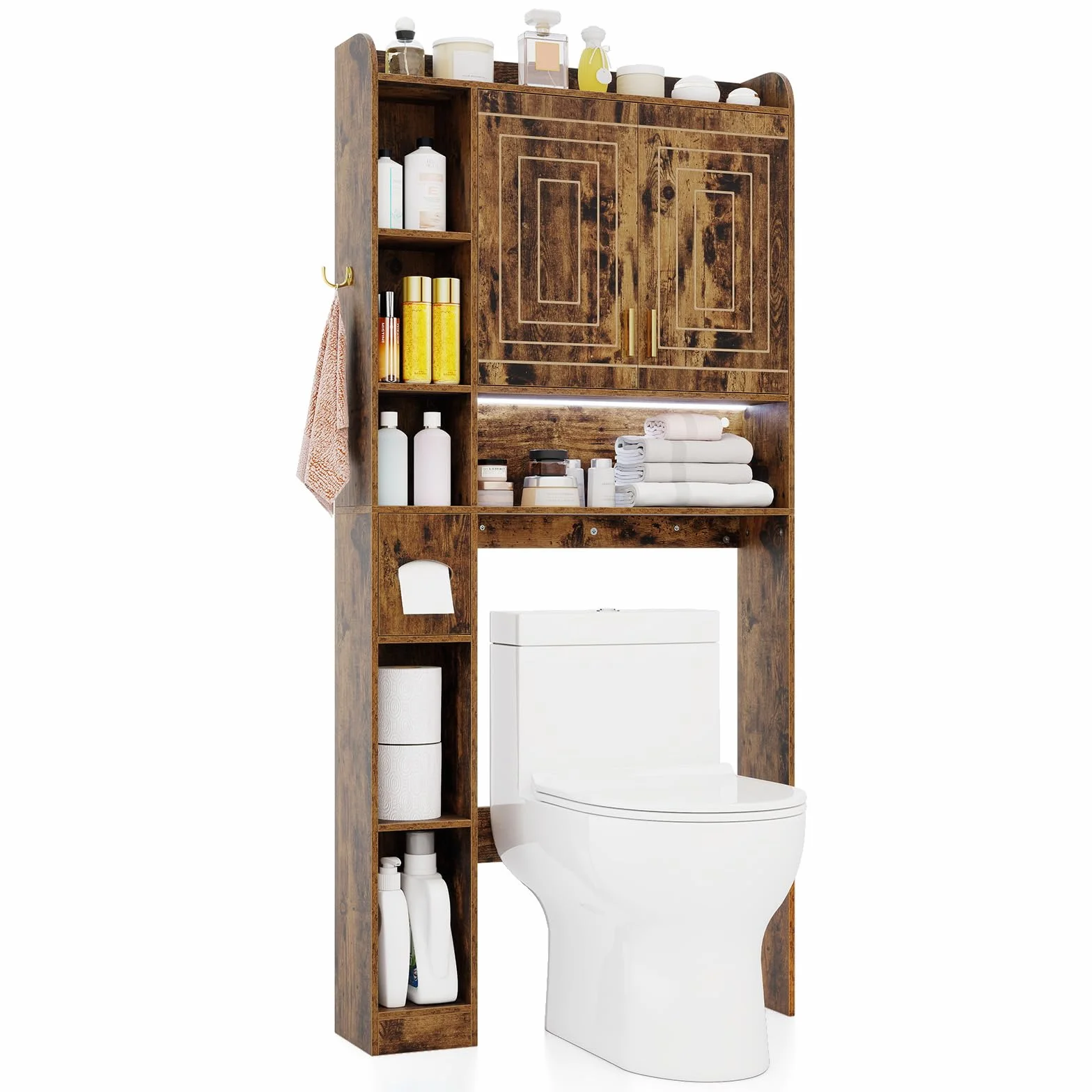 COSTWAY Mobile da Bagno Sopra WC, Scaffale Salvaspazio con Armadietto a 2 Ante, 6 Scomparti Aperti, Porta Fazzoletti, Gancio e Ripiano Regolabile, Mobiletto per Bagno e Lavanderia (Marrone)