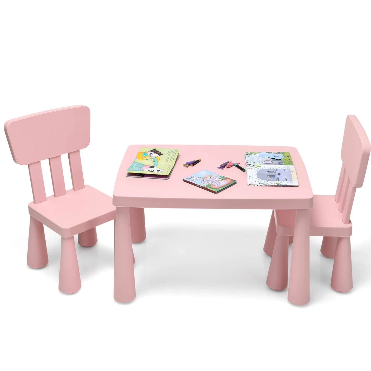 COSTWAY Set Tavolo e Sedie per Bambini 1-7 Anni, 2 Sedie Ergonomiche con Schienale, Materiale PP Atossico e Inodore, Angoli Arrotondati, Adatto per Giocare, Disegnare e Leggere, Portata 50kg (Rosa)