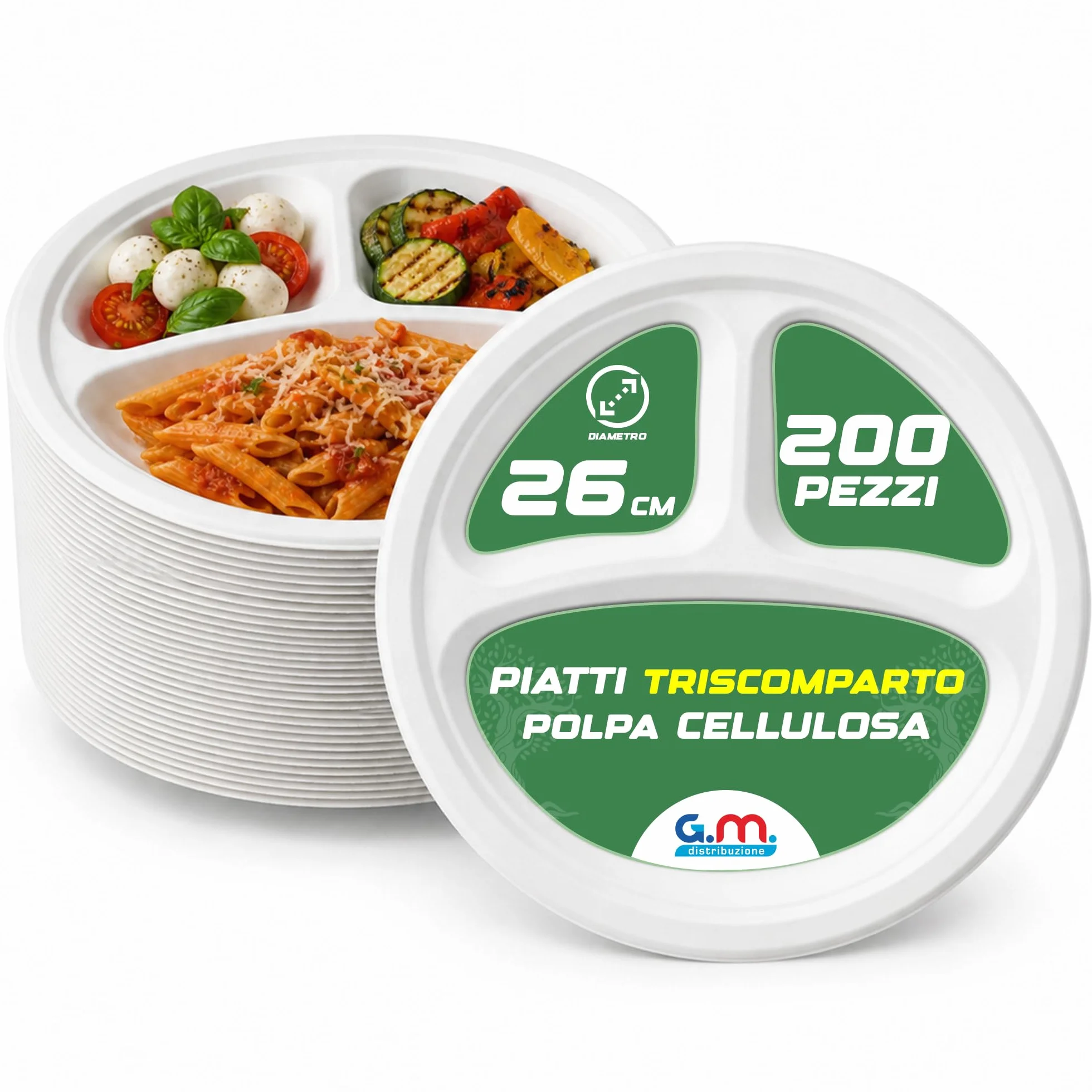 Piatti Tondi Triscomparto 26 cm Bianchi in Polpa di Cellulosa Compostabili Biodegradabili