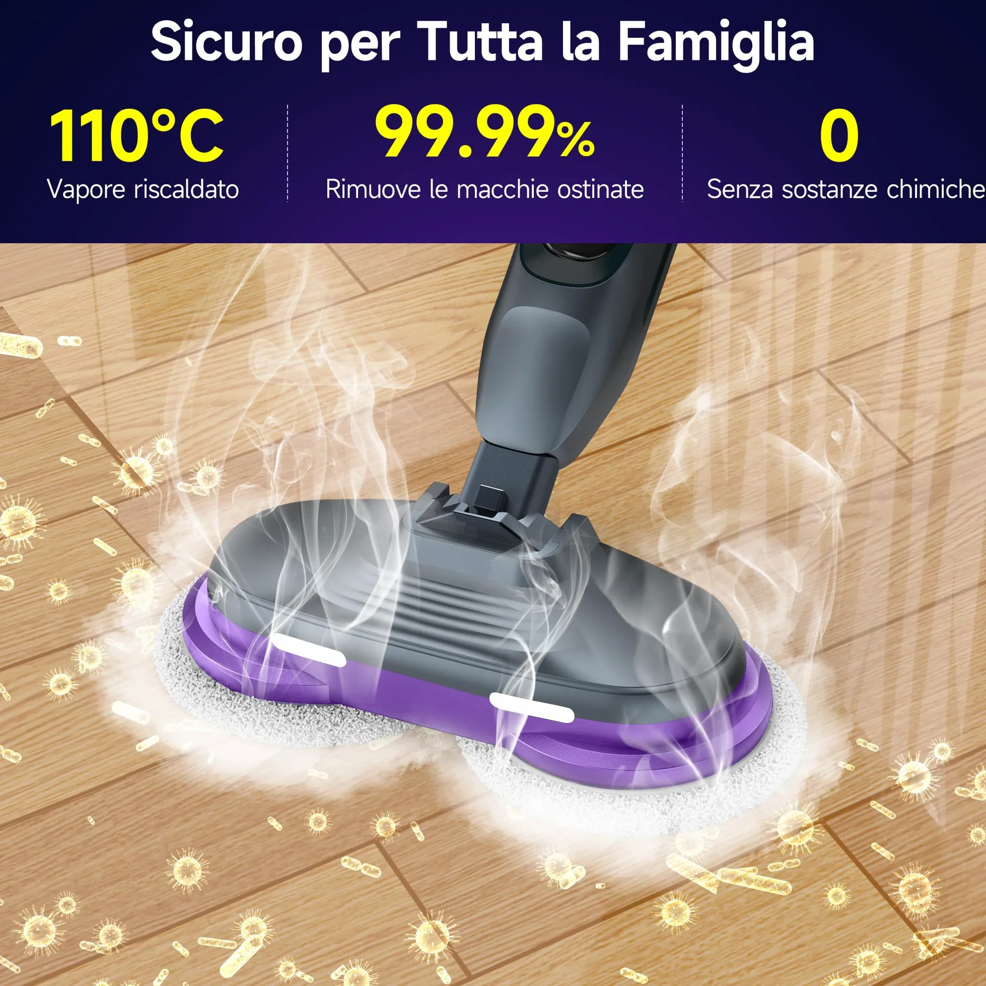 AlfaBot F2 Lavapavimenti a Vapore - Scopa a Vapore con Disinfezione 99.9% di germi e batteri, Vapore pronto in 30s, 450 ML, per tutti i tipi di Pavimenti Duri, Senza Uso di Detergenti