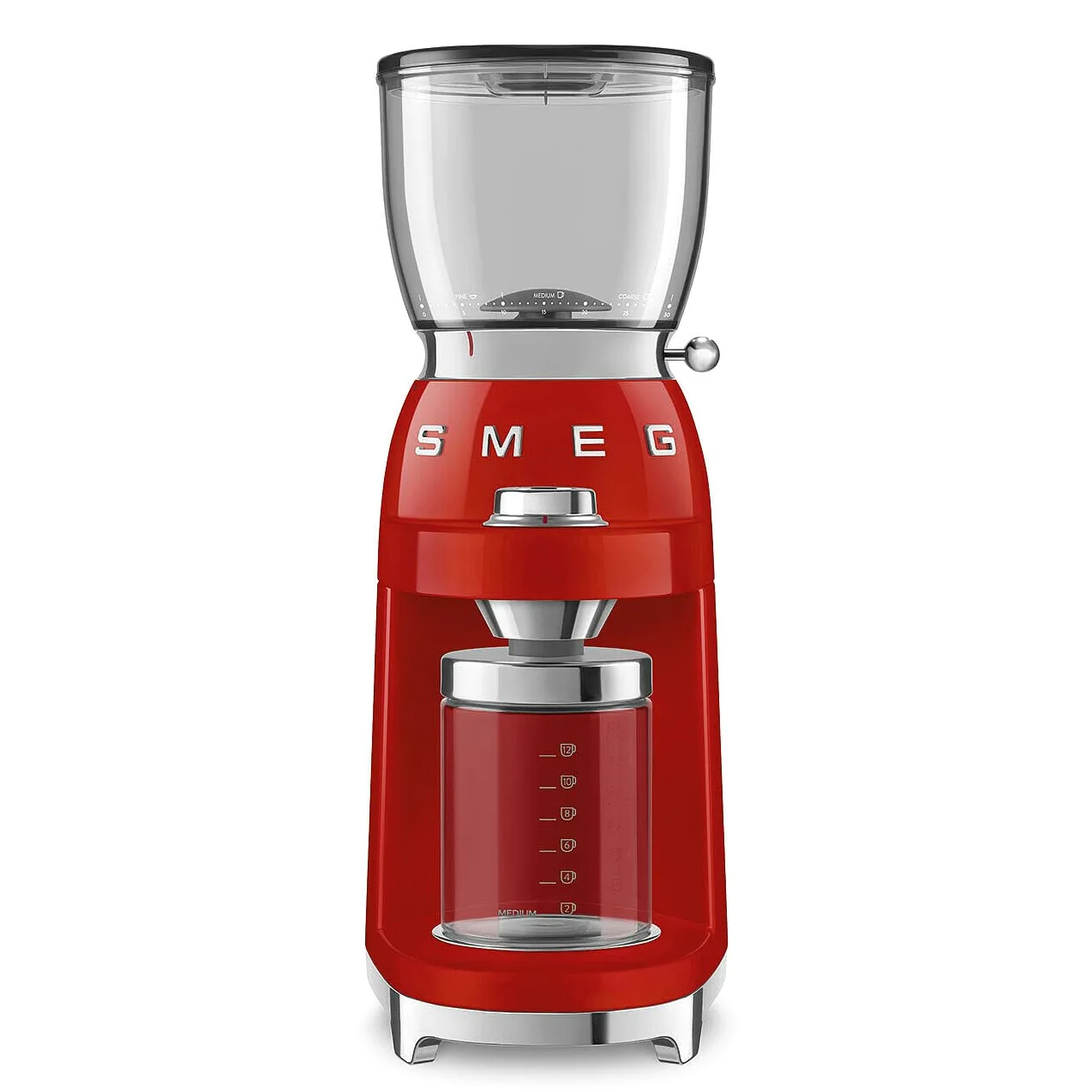 Smeg, Macinacaffè CGF11RDEU, Livello di Macinatura Regolabile, 30 Step di Macinatura, Contenitore Chicchi Caffè da 350g, Quantità di macinatura regolabile, con Sistema Antistatico, 150W, Rosso