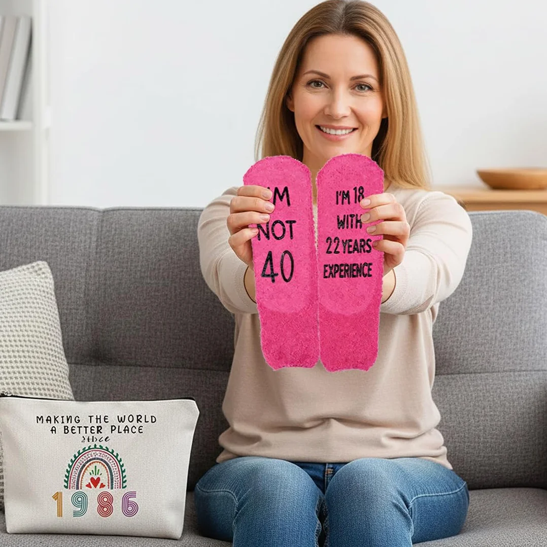 2 Pcs Beauty Case Perfetto Per Il 40º Compleanno, Ideale Come Regalo, Regali di Compleanno per Donne, tra Cui Borsa per il Trucco e Calzini di Compleanno Ideali per Donne (1986-40 anni)
