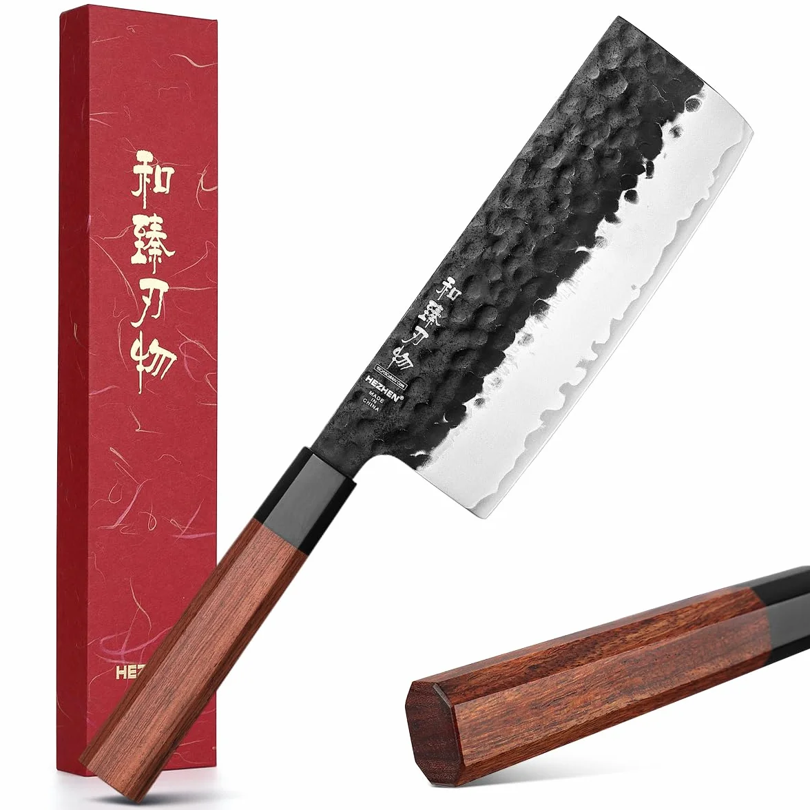 HEZHEN Coltello Nakiri Giapponese Multiuso per Affettare Carne e Verdure, Manico Ergonomico Ottagonale in Legno di Sequoia