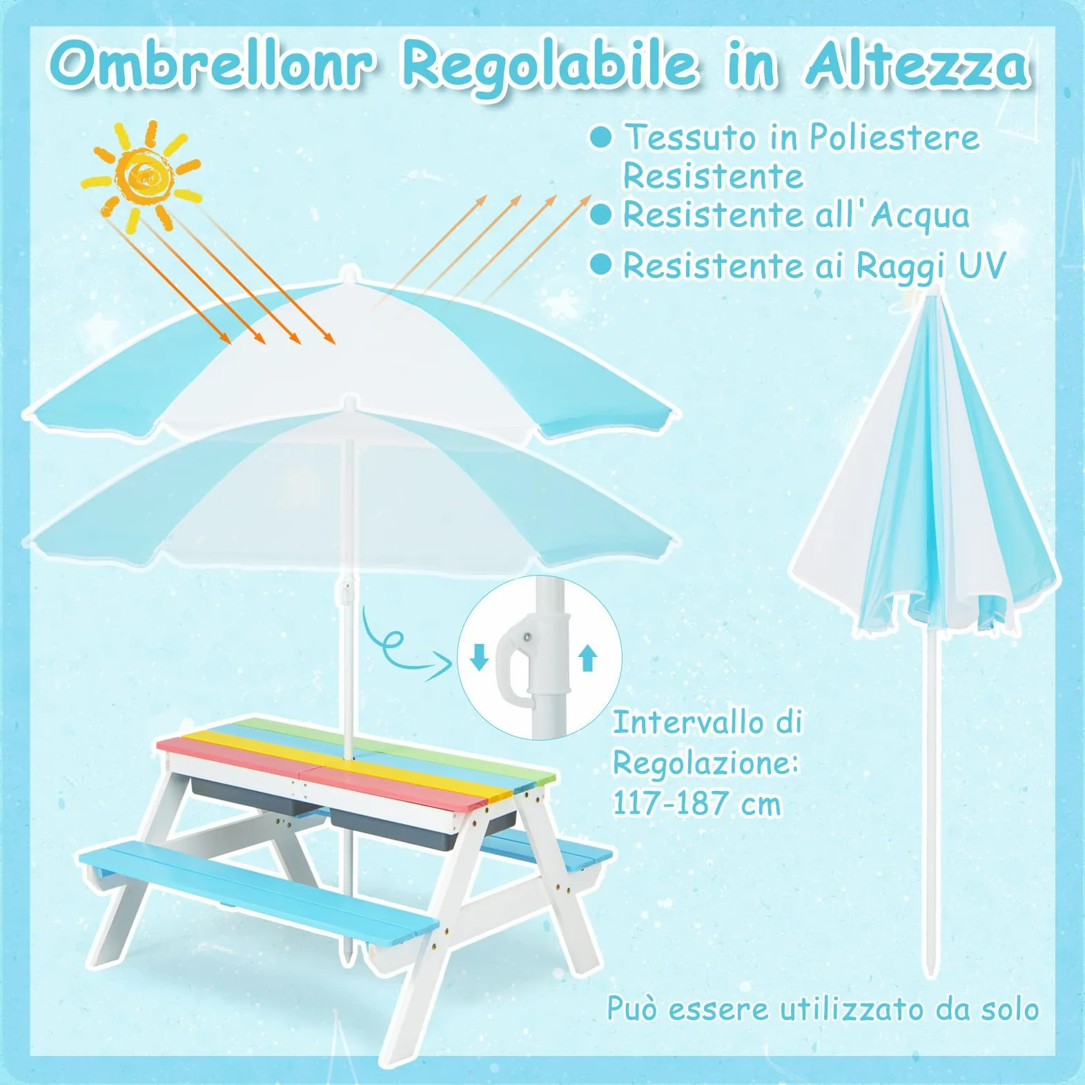COSTWAY Set Tavolo e Sedie per Bambini da Giardino 3 in 1, con Ombrellone Rimovibile e Regolabile, Piano Rimovibile, Tavolo con Panche in Legno per Bambini da Interno Esterno (Blu e Bianco)