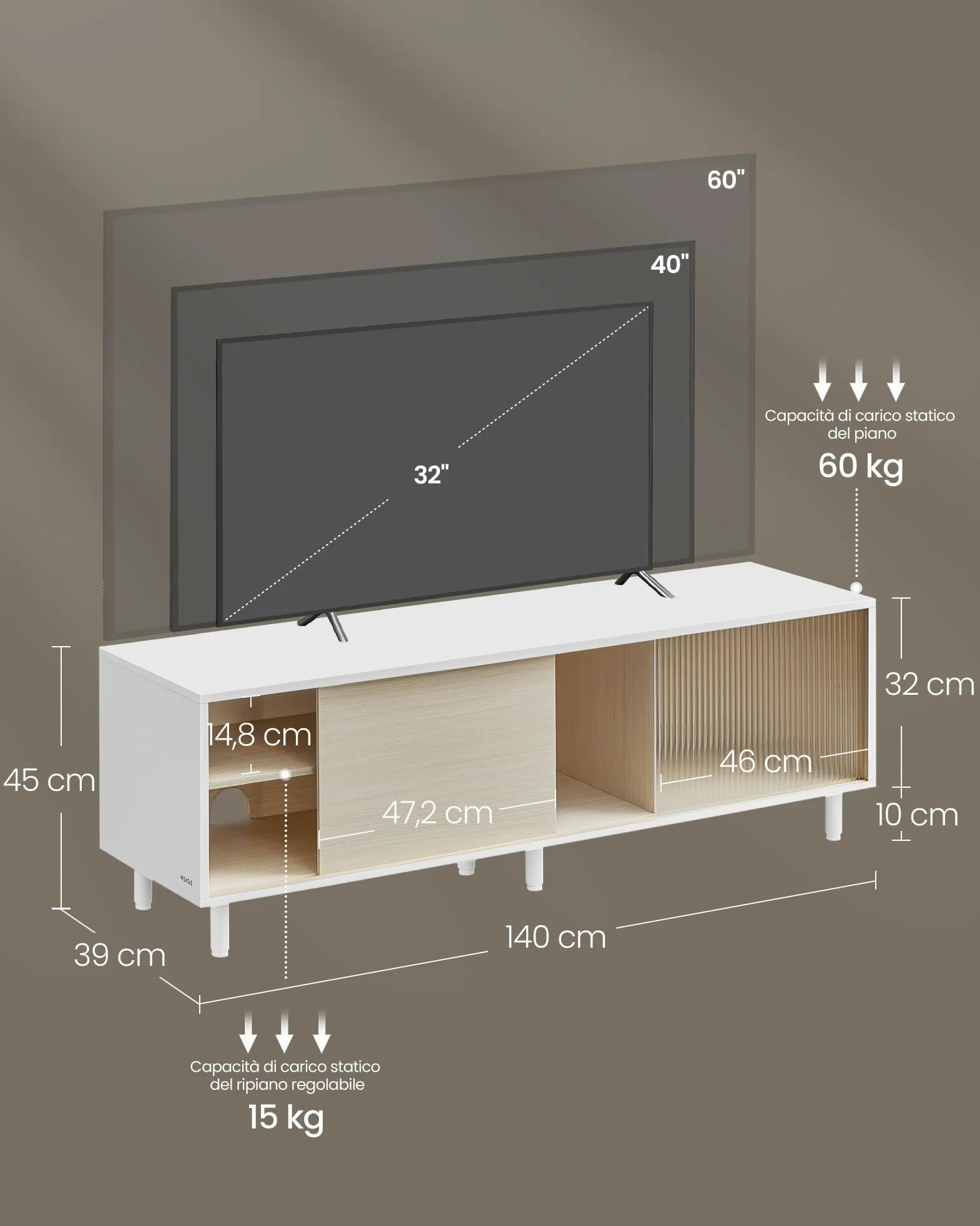 VASAGLE Mobile TV per Televisore fino a 32/45/50/55/60 Pollici, Montaggio Rapido Senza Attrezzi Toolless, per Soggiorno, Vetro Scanalato, Moderno, 140 x 39 x 45 cm, Bianco LTV466W01