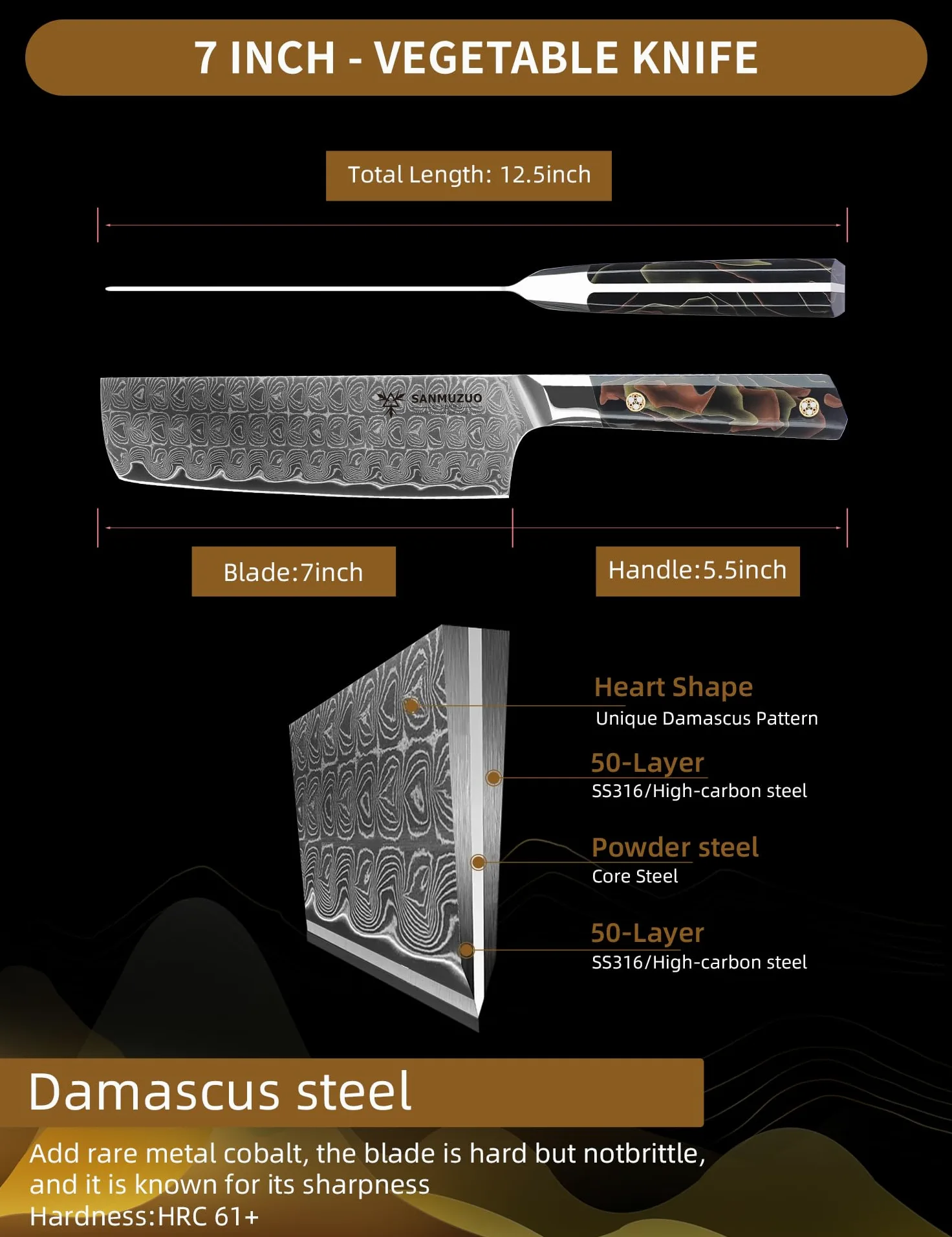 Coltello da cucina Nakiri da 18 CM, coltello da cucina professionale, acciaio in polvere di Damasco ultra affilato con impugnatura in resina a codolo intero, serie Bi