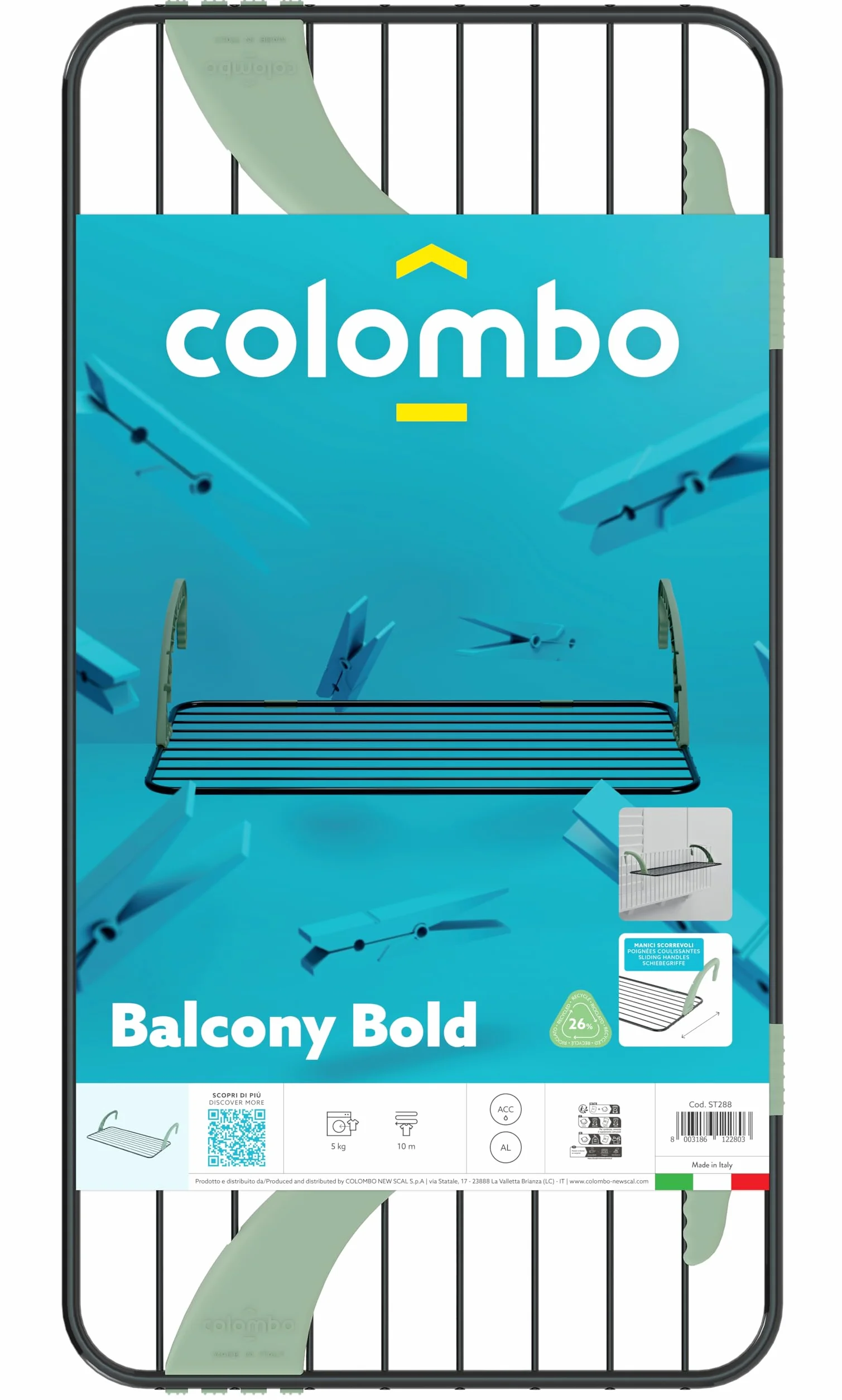 Colombo Stendino da Balcone Acciaio Verniciato Stendibiancheria 10 Metri Antiruggine Made in Italy