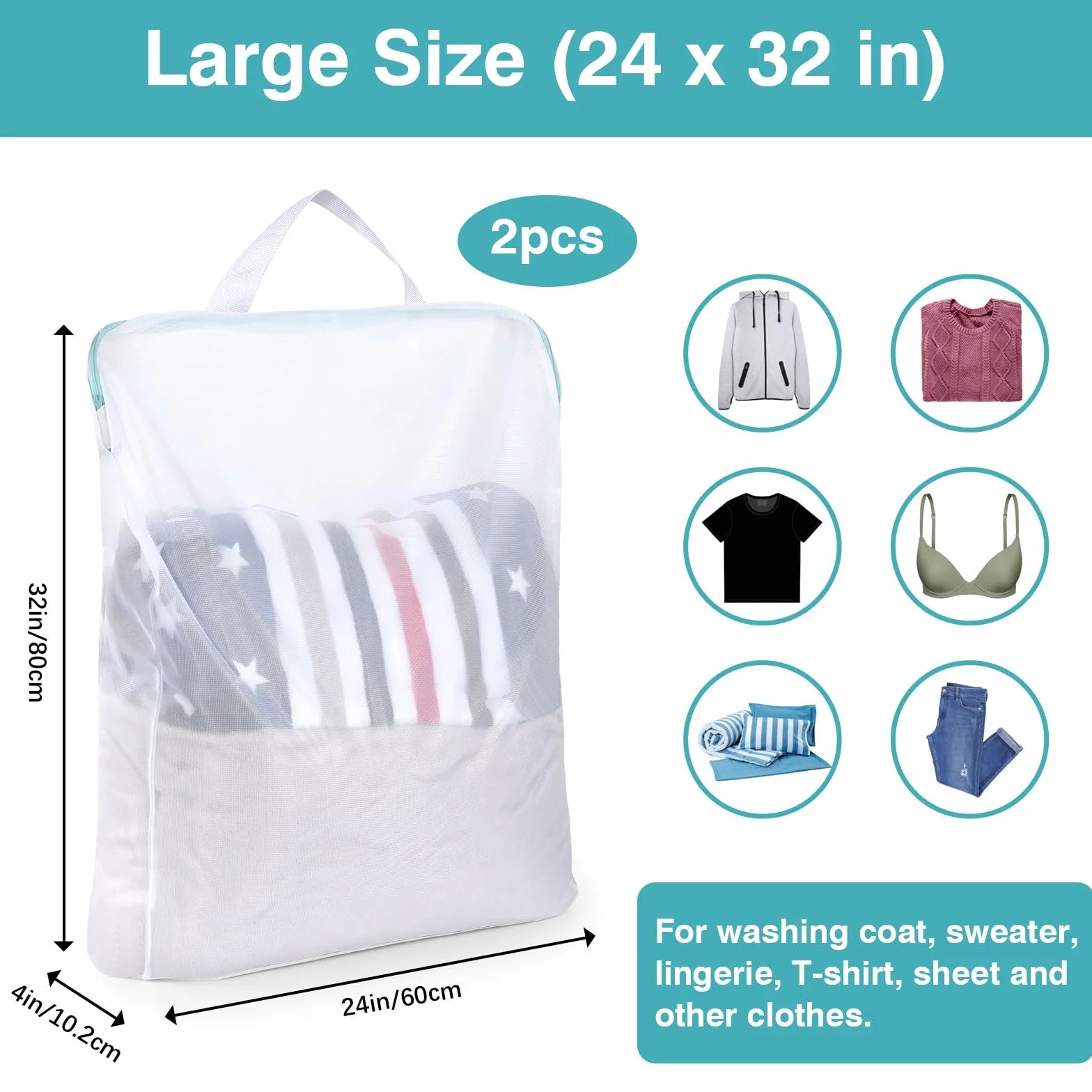 OTraki 2 Pezzi Sacchetti Lavatrice Biancheria 60x80cm Retina per Biancheria, Laundry Bag Con Cerniera Nascosta, Rete Resistente con Manico Sacchetti per Lavatrice per Camicie Vestiti per Bambini