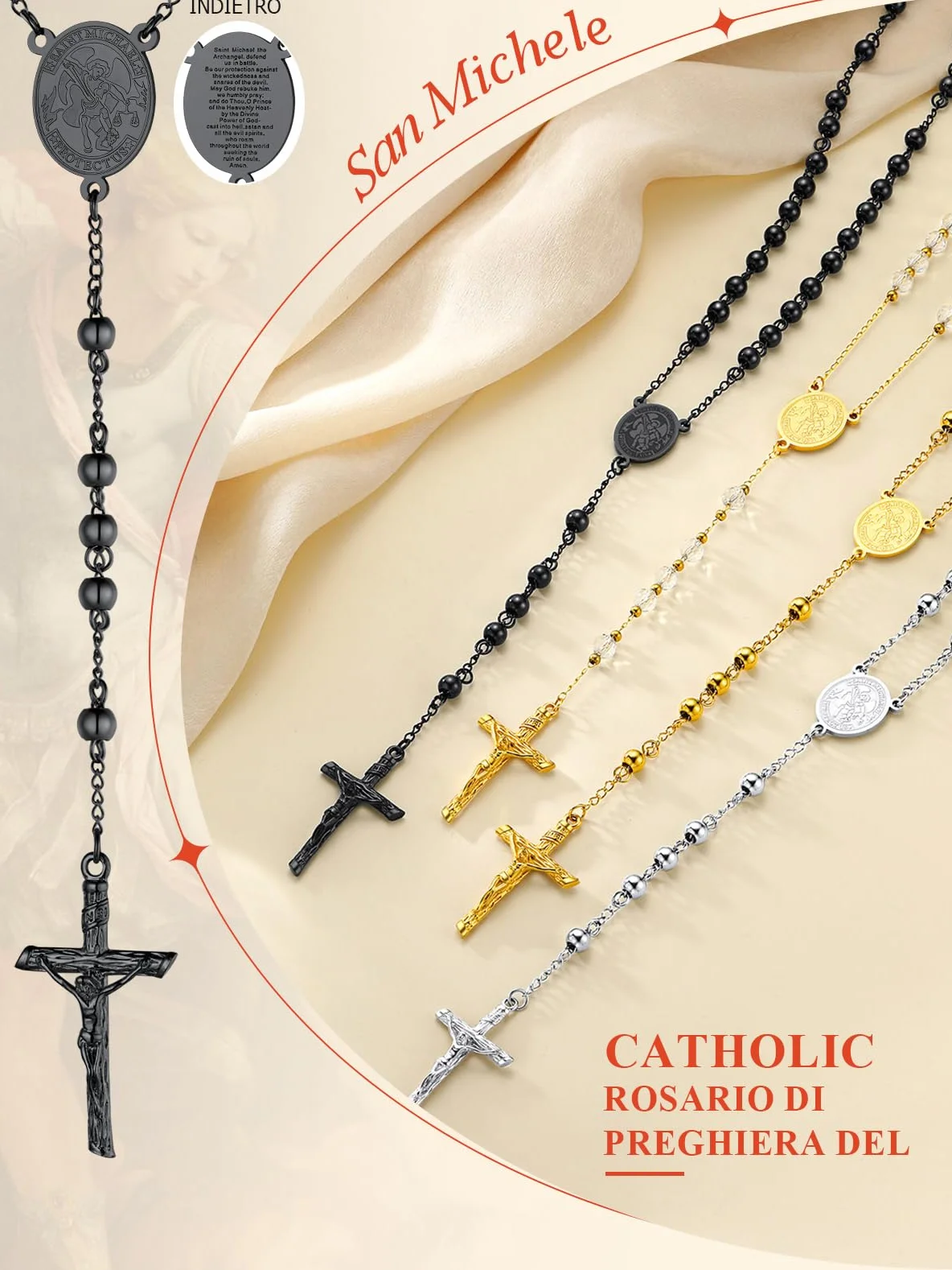 FaithHeart Collana HD Foto Rosario San Michele Medagila Personalizzata 66CM+16CM Perline Preghiera Gioielli Religiosi Regalo Compleanno