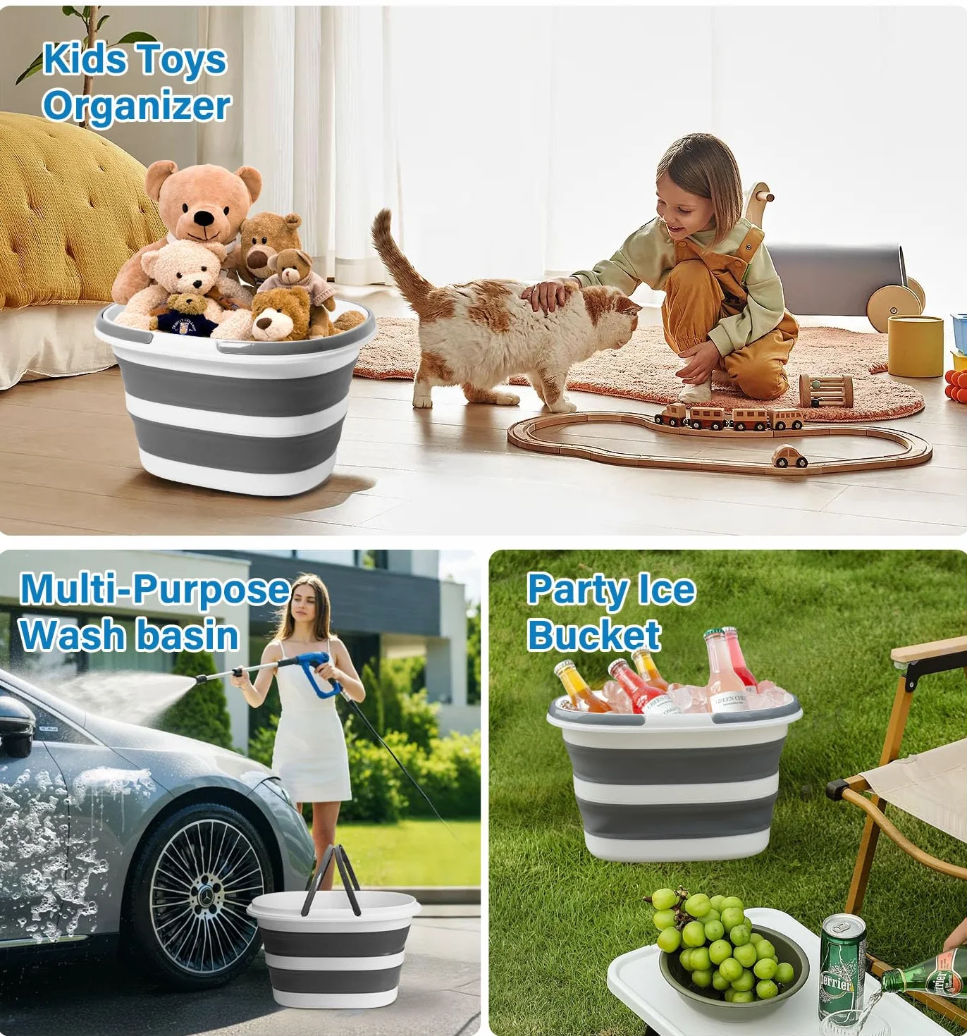 Secchio Pieghevole 16L con Manici, Secchio per Pulizie Silicone Richiudibile Salvaspazio per Lavaggio Camping, Bacinella Portatile per Casa & Auto, 4,2 Galloni Secchio Plastica Compatto Multifunzione