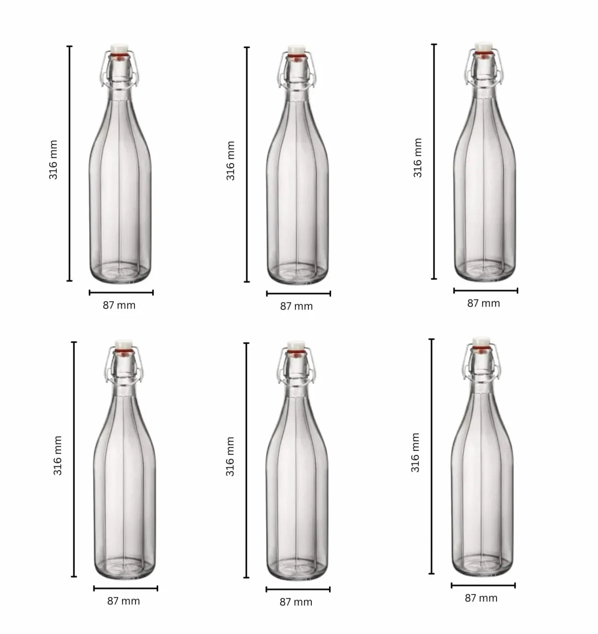 Portabottiglie cestello in plastica 6 posti con bottiglie in vetro 1 litro costolata tappo ermetico pressione
