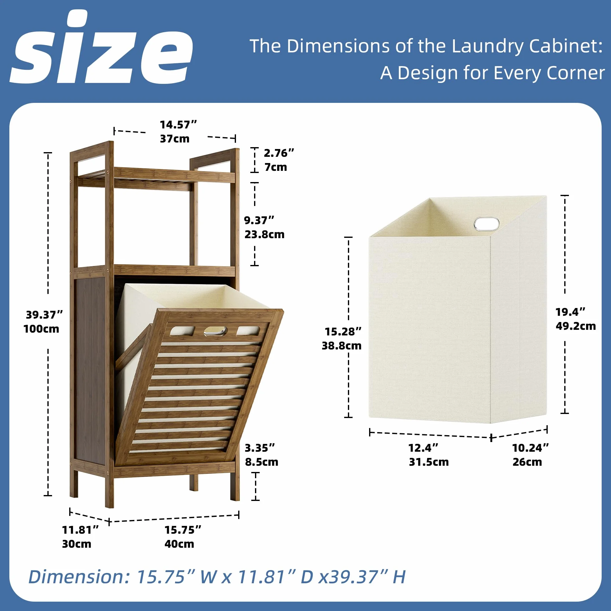 HITNET Mobile Bagno con Portabiancheria, Mobiletto Bagno da Terra in Bambù 2 Ripiani con 1 Cesto Portabiancheria, 40L Sacco Interno Rimovibile con Maniglie per Lavanderia e Camera da Letto, Noce