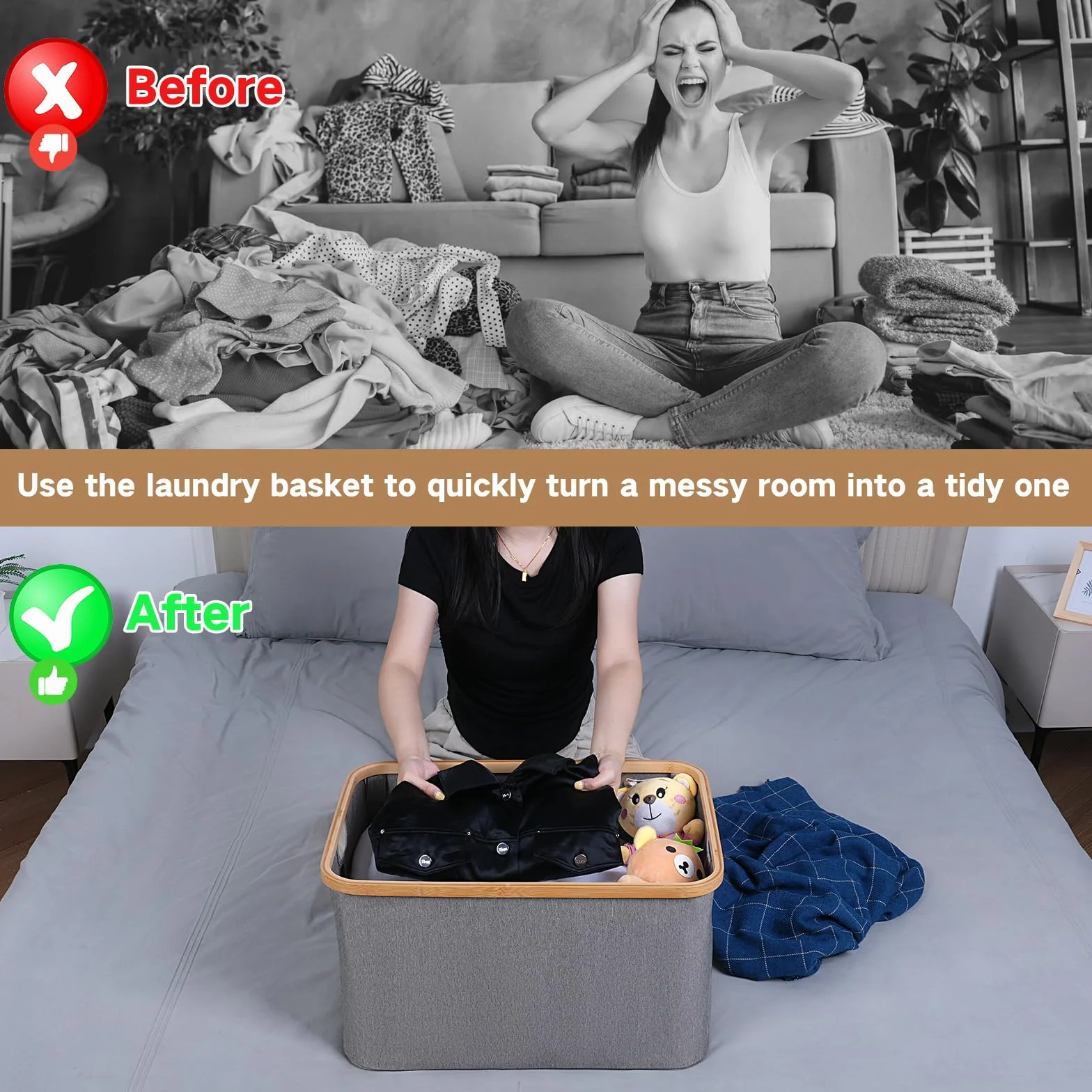efluky Cesto Portabiancheria Pieghevole in Tessuto di Bambù 60L, Cesto Portaoggetti Versatile, Cesti Portabiancheria Sporco per Lavanderia e Camera da Letto Bagno (Grigio)
