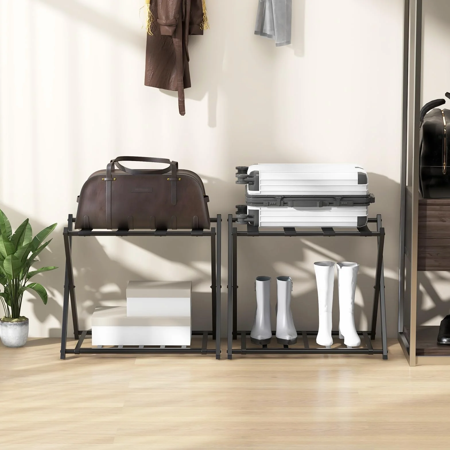 COSTWAY Portavaligie Pieghevole 2 Ripiani, Cavalletto da Valigie w Metal, 68 x 43 x 56 cm, Nero