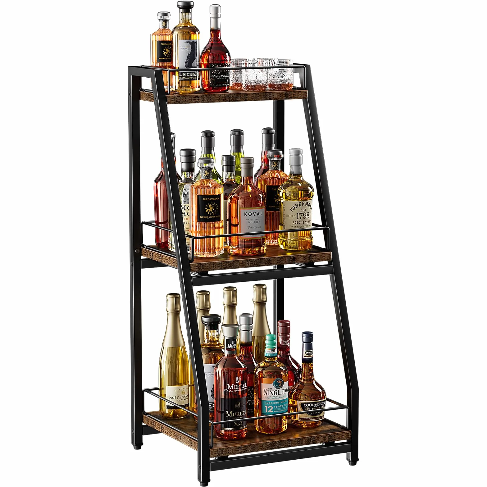 Nuovoware Mobile per Liquori 3 Livelli Mini Bar, Scaffale Vino Terra Whisky, Scaffale Angolare Bottiglie Liquore Recinzione Cassetto Scorrimento per Casa, Cucina, il soggiorno Sala da Pranzo, Nero