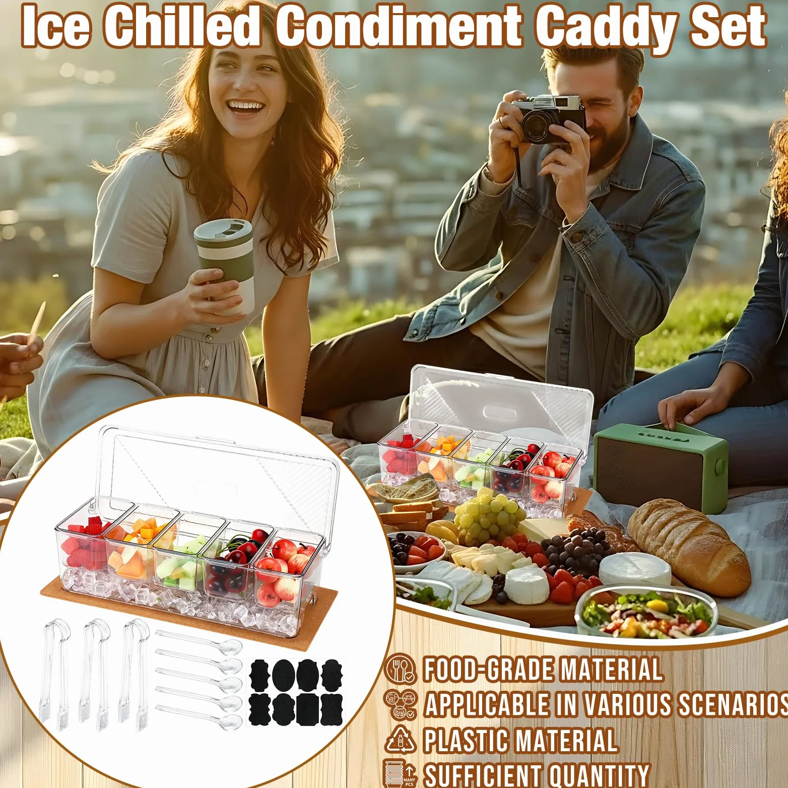 Sieral Set di 11 contenitori trasparenti per condimenti refrigerati con coperchio, tra cui 1 tampone in sughero, 5 cucchiai, 3 clip e adesivi per bar, frutta, insalata, taco e decorazioni per feste