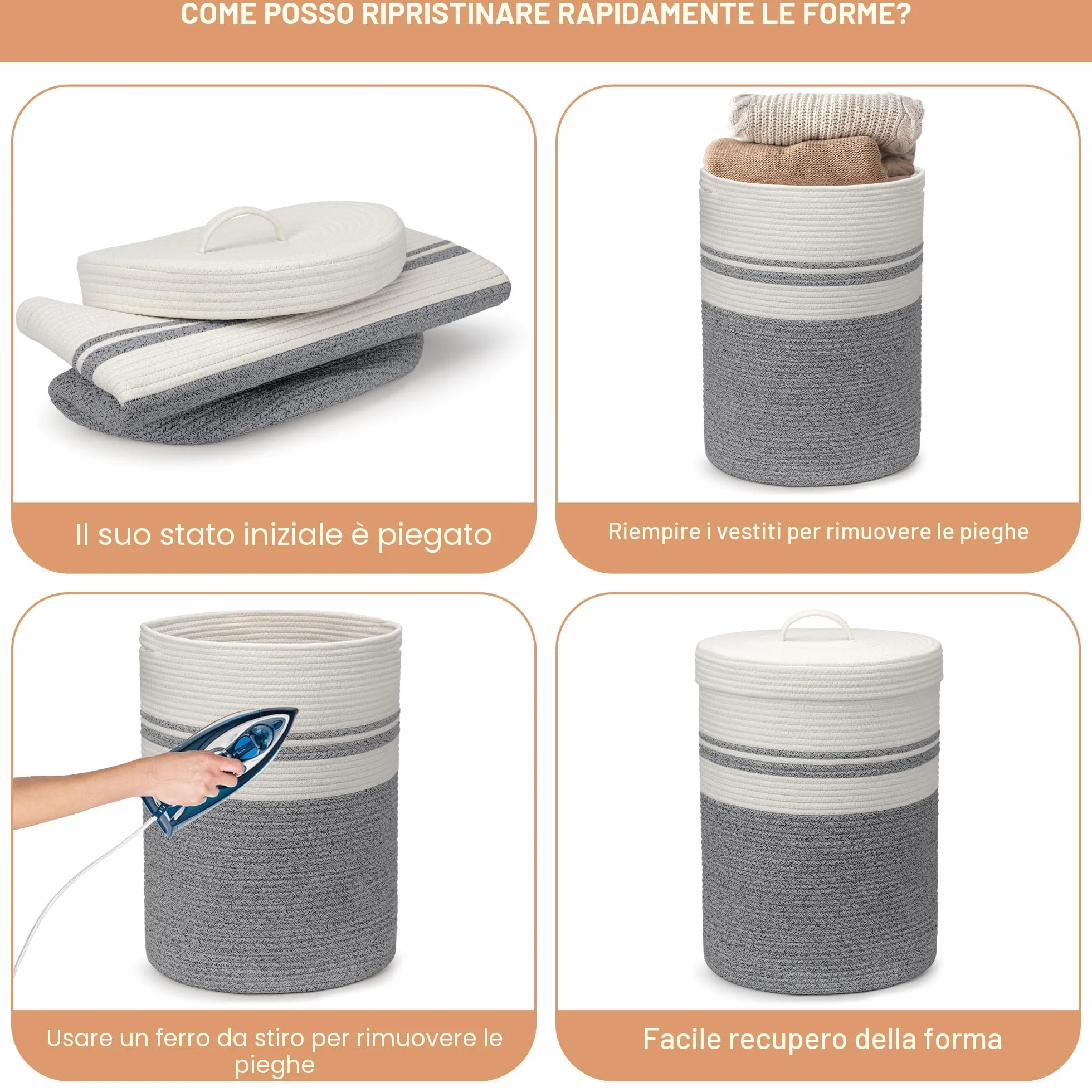 Cesto Portabiancheria con Coperchio Cesta in Corda di Cotone, Ideale per Bucato e Giochi Bambini, Cestone Portabiancheria e Cestino Biancheria Ceste Portaoggetti Bianco XXL(Grigio,37x52cm)