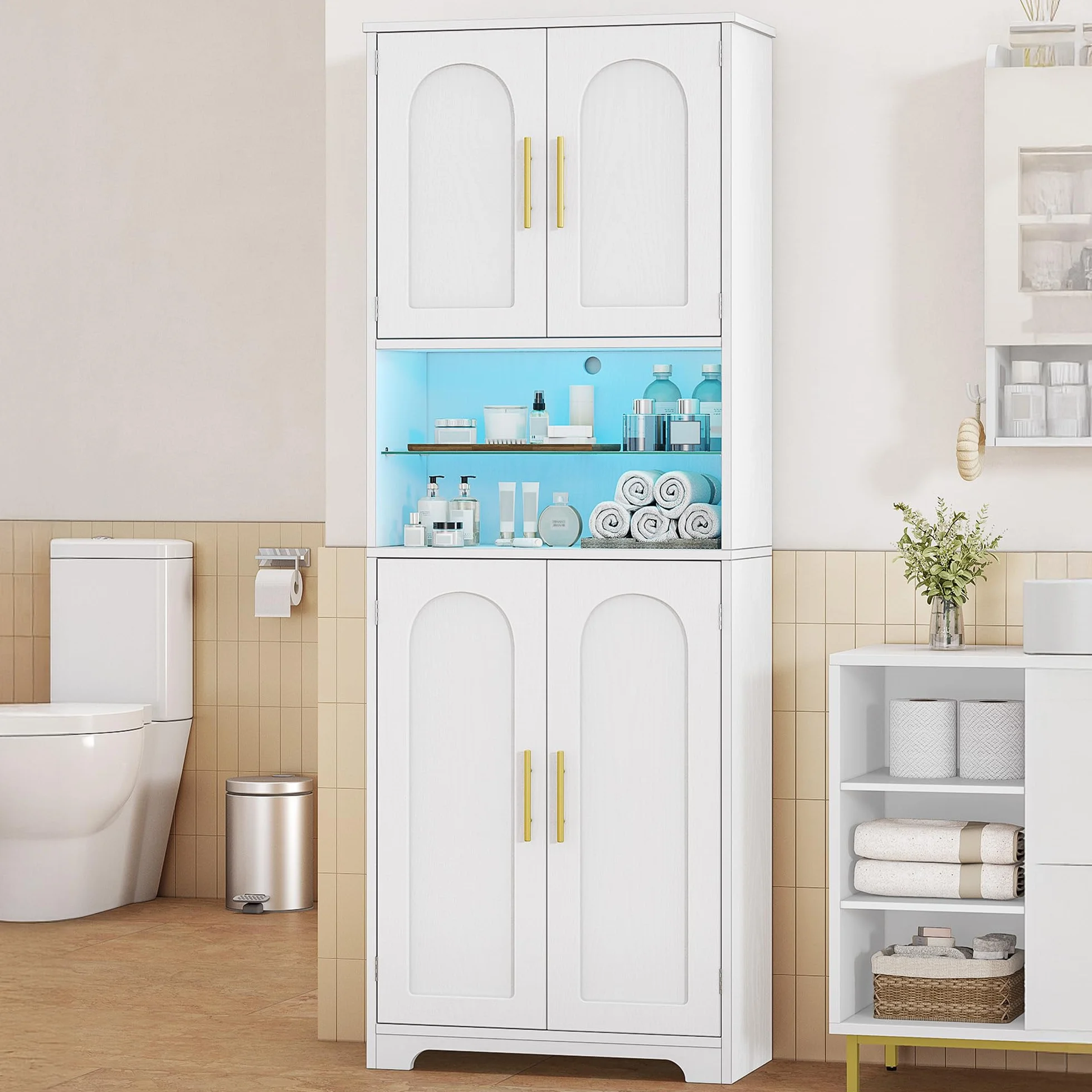 Hzuaneri Mobile Bagno con Luci LED, 4 Ante, mobiletto bagno salvaspazio, mobile alto con spazio aperto, ripiani regolabili, soggiorno, bagno, 30 x 60 x 170 cm, Bianco SC68213X