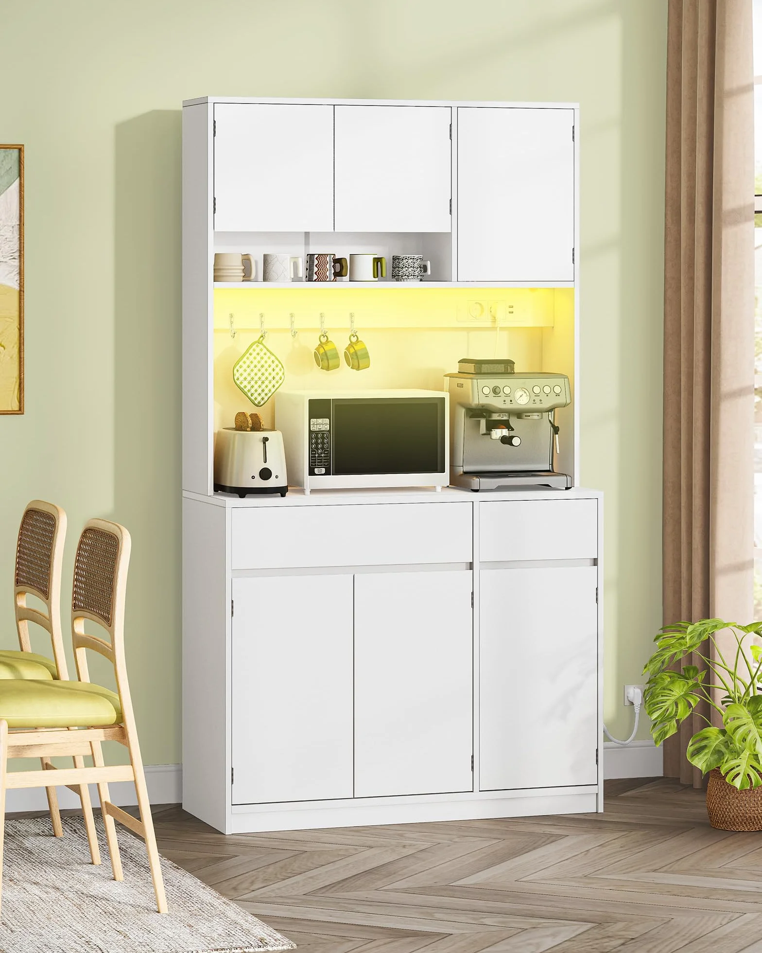 Hzuaneri Credenza Cucina Alta, Credenza Soggiorno, con Multipresa e Striscia Luminosa a LED, Ampia Superficie di Lavoro, Ripiani Regolabili, Cucina, Soggiorno, 40 x 100 x 180 cm, Bianco PT00203XEU