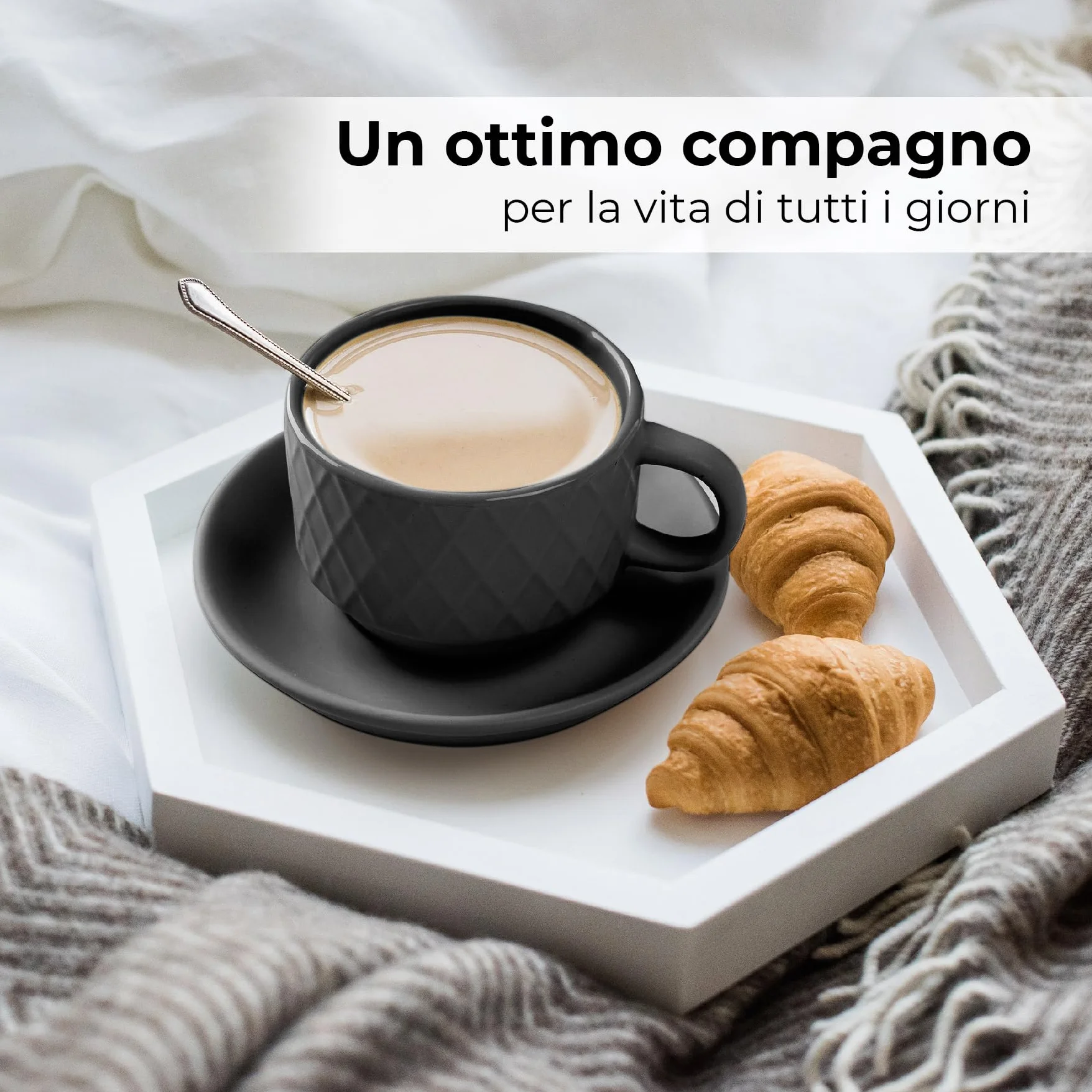 Set di 6 tazze da caffè espresso in ceramica 75 ml con motivo a diamante Palmanova Nero