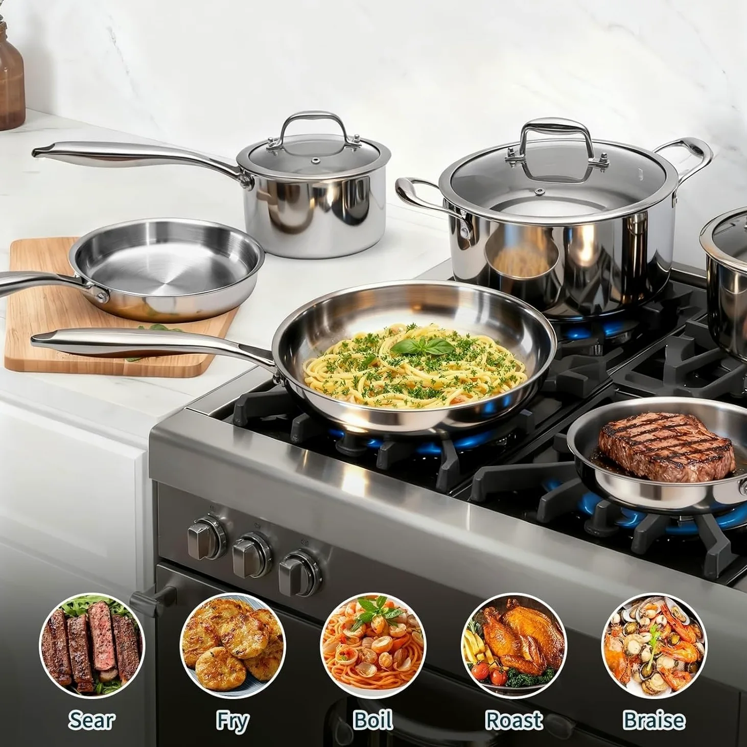 Set di pentole e padelle in acciaio inox, 10 pezzi, pentole e padelle antiaderenti per piano cottura a induzione, casseruola con coperchio, casseruola con coperchio e padella, set di pentole da cucina