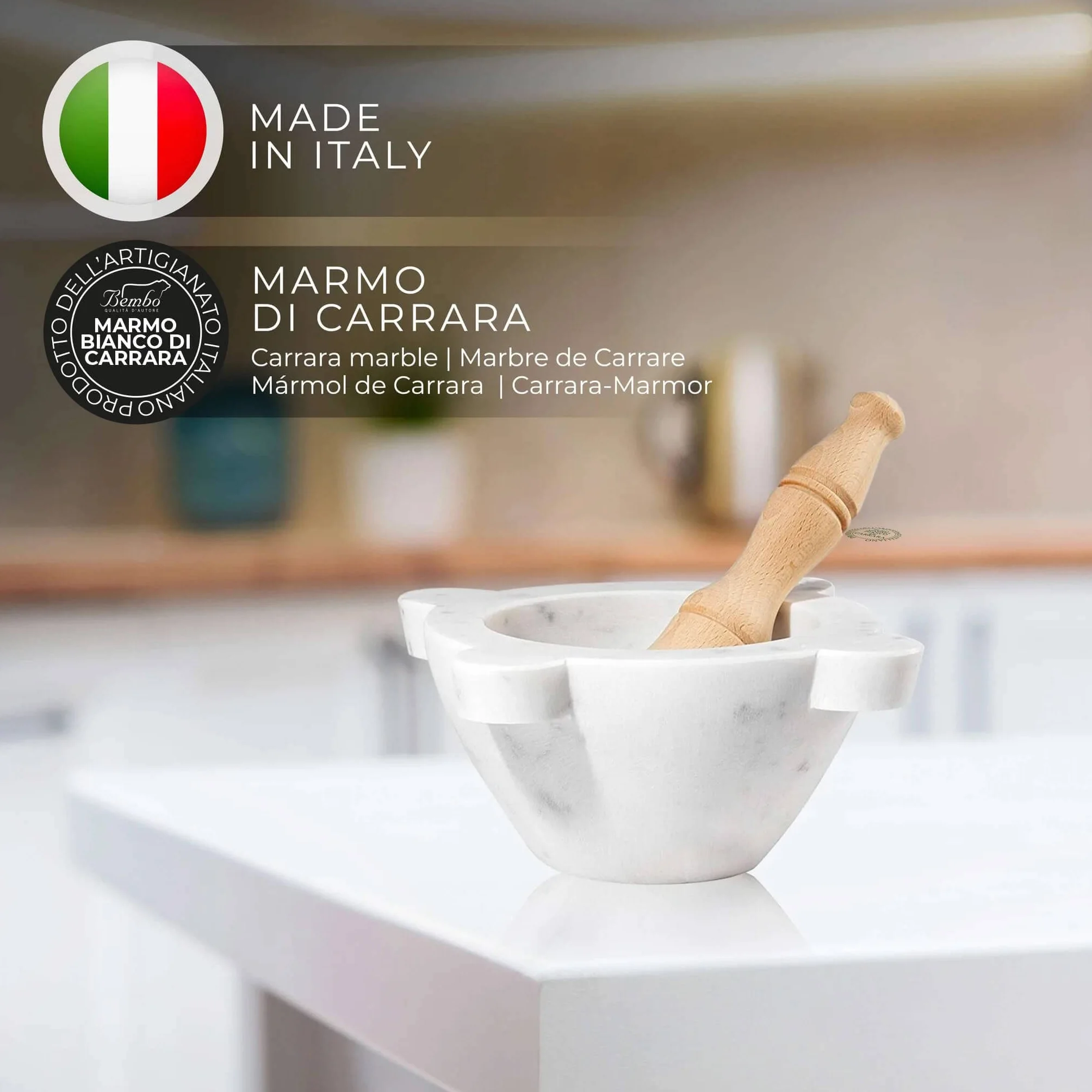 Mortaio Artigianale Bembo Marmo Bianco Carrara Pestello Legno Faggio Made in Italy Modello Genovese ø 20 cm
