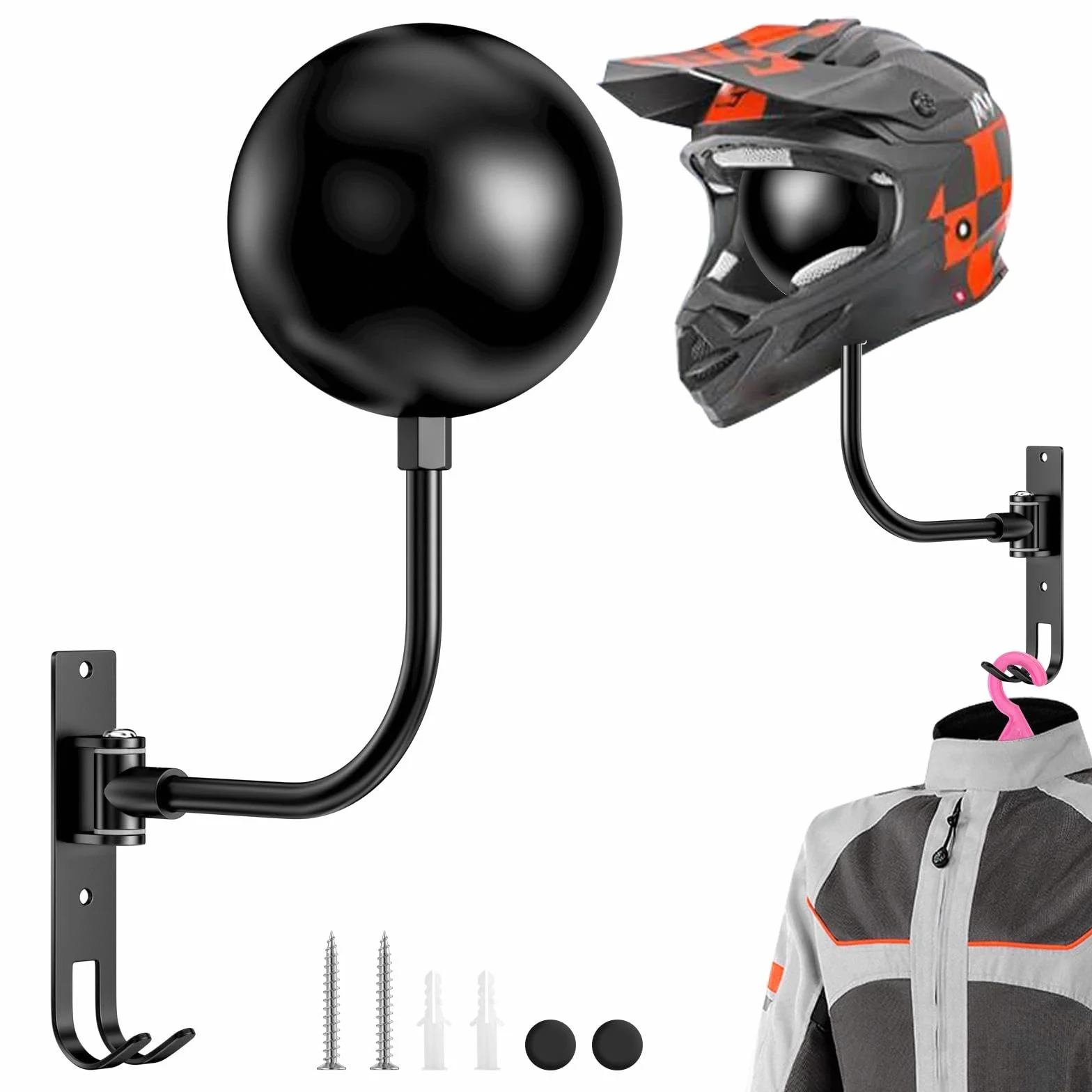 Porta Casco Moto da Parete, Supporto Caschi Moto Spherical 180° con Ganci per Guanti