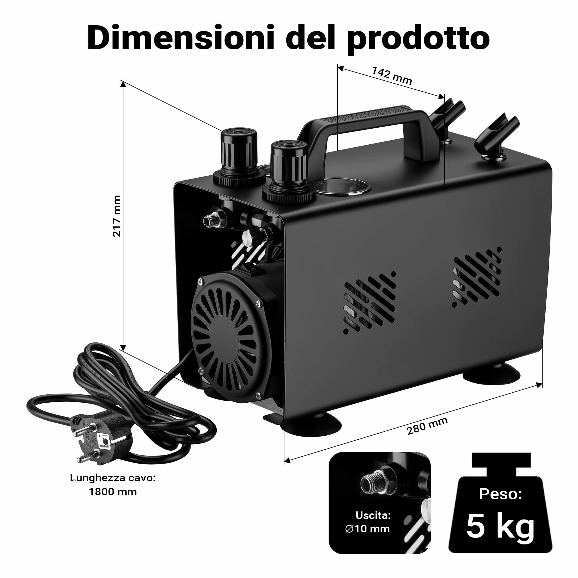 Wiltec Compressore aerografo AS18TA 1/6 CV, compressore ad aria con portata d'aria compressa 20-23 l/min, 2 attacchi per pistola aerografo, manometro, per modellismo, decorazione unghie