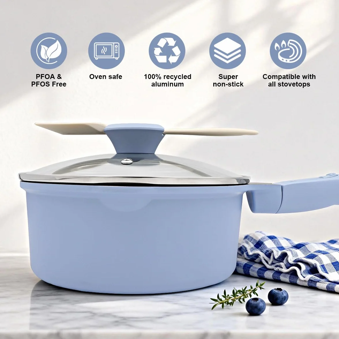 Casseruola 16cm con coperchio, casseruola antiaderente da 1,5L con manico rimovibile, adatto al forno (Blu)