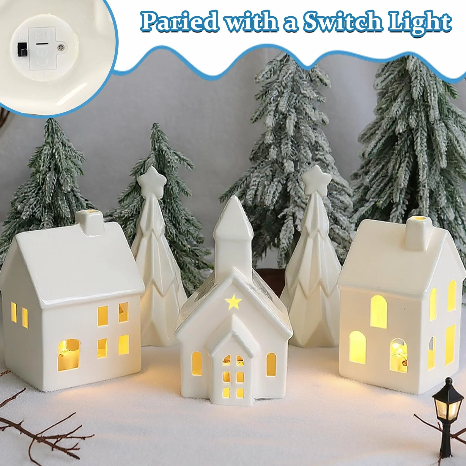 Casa di villaggio di Natale decorazioni natalizie bianche con alberi ceramica luce LED da tavolo