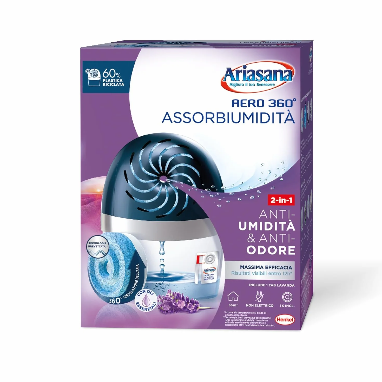 Ariasana Aero 360° kit assorbiumidità, deumidificatore ricaricabile non elettrico, assorbi umidità contro condensa e muffa, 1 dispositivo e 1 ricarica Tab lavanda da 450g