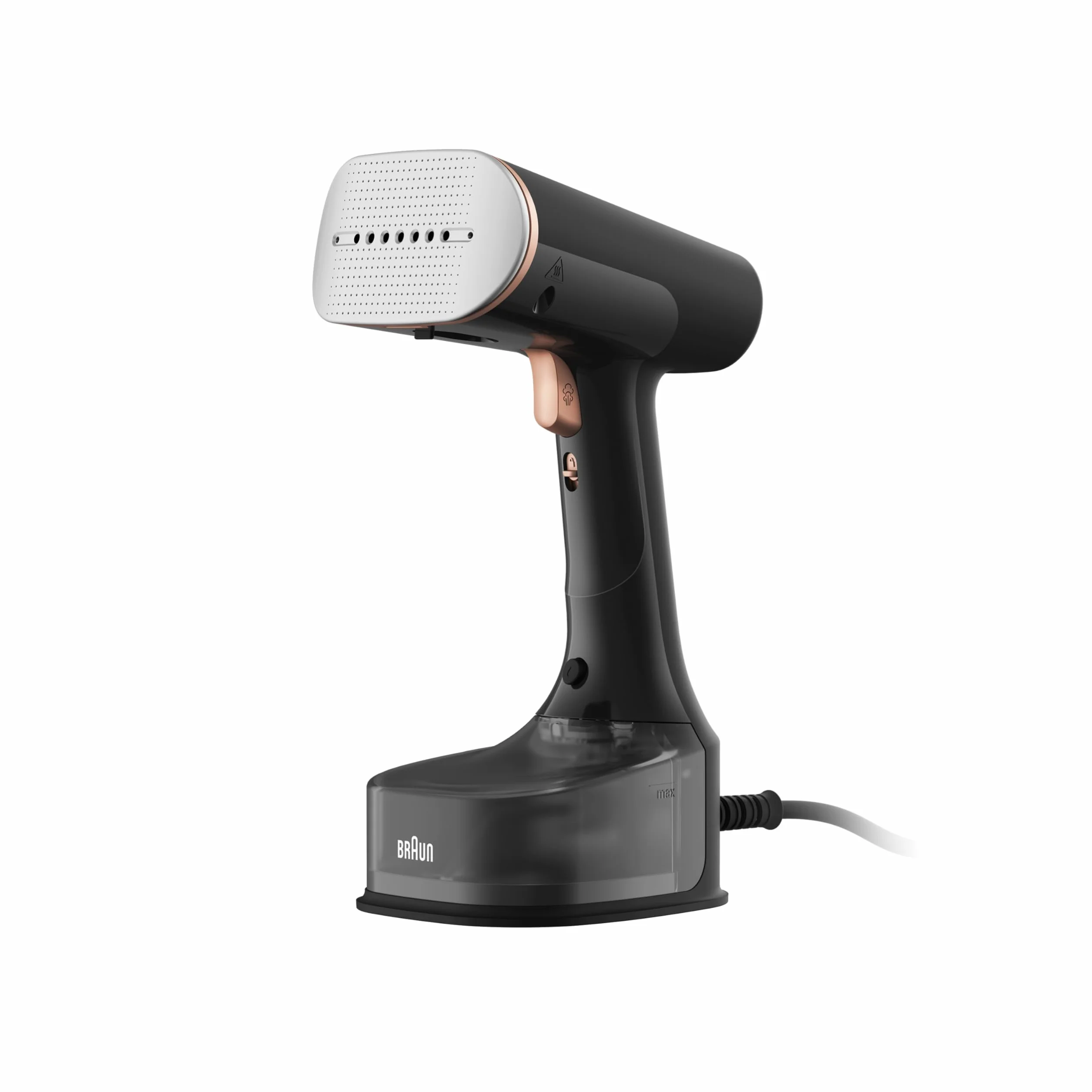 Braun QuickStyle 7 GS7077BK, Stiratore Verticale con Tecnologia Dual FreeGlide 3D e Piastra Riscaldata, con Riscaldamento Rapido, Vapore 35 g/min, Capacità 250 ml, Cavo 3 m, 1600W, Nero/Oro