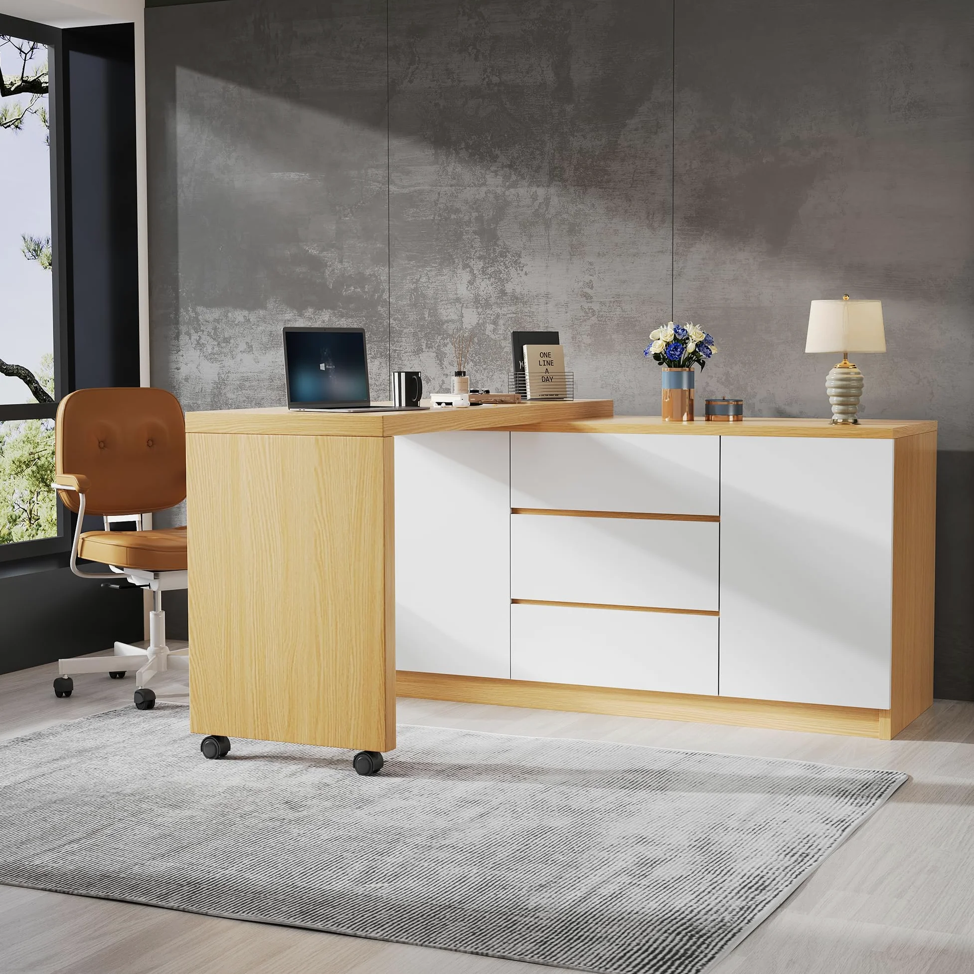 Scrivania con ruote bloccabili, design multifunzionale, 4 cm di spessore, piano girevole bloccabile, scrivania pieghevole, scrivania angolare, credenza (legno + bianco)