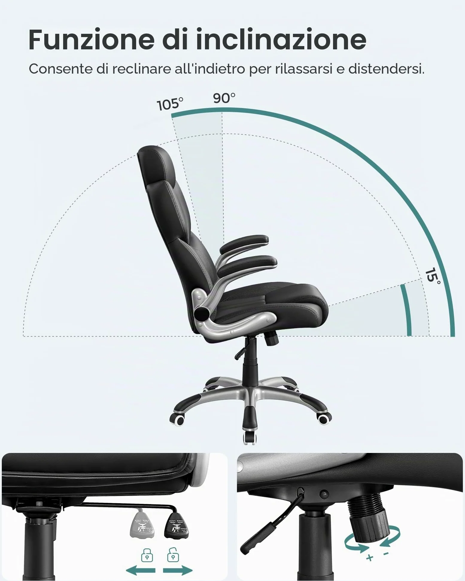 SONGMICS Sedia da Ufficio, Poltrona Girevole Ergonomica, con Braccioli Pieghevoli, Base a Stella in Nylon, Carico Massimo 150 kg, Nero OBG65BK