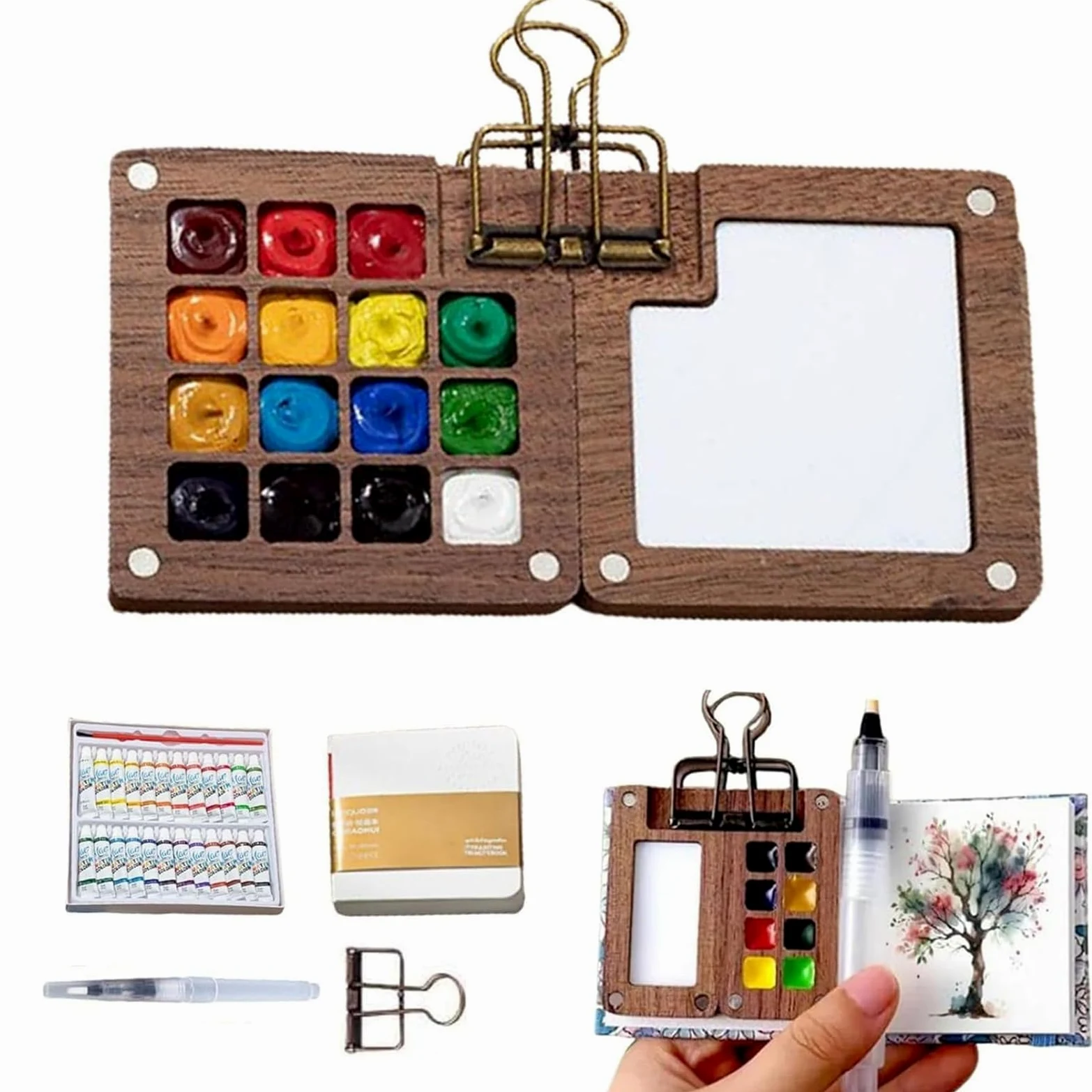 Mini kit per acquerelli, set di acquerelli, 2025 nuovo set di acquerelli da viaggio con clip pennello penna album da disegno (8 griglie+12 acquerelli)