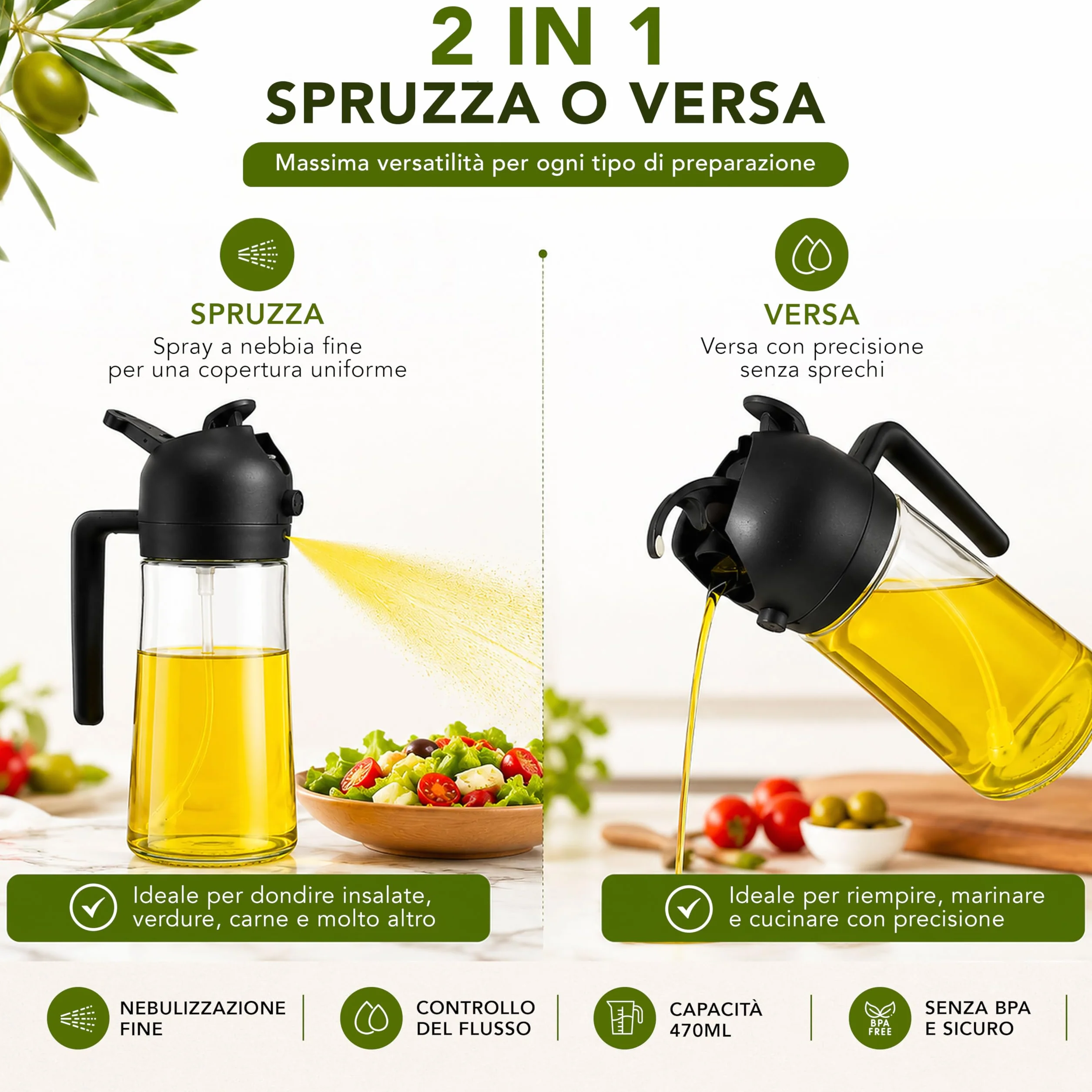 Spruzzino Olio per Friggitrice ad Aria 470 ml, Dispenser Olio 2 in 1 Spray e Versamento, Oliera Spray in Vetro