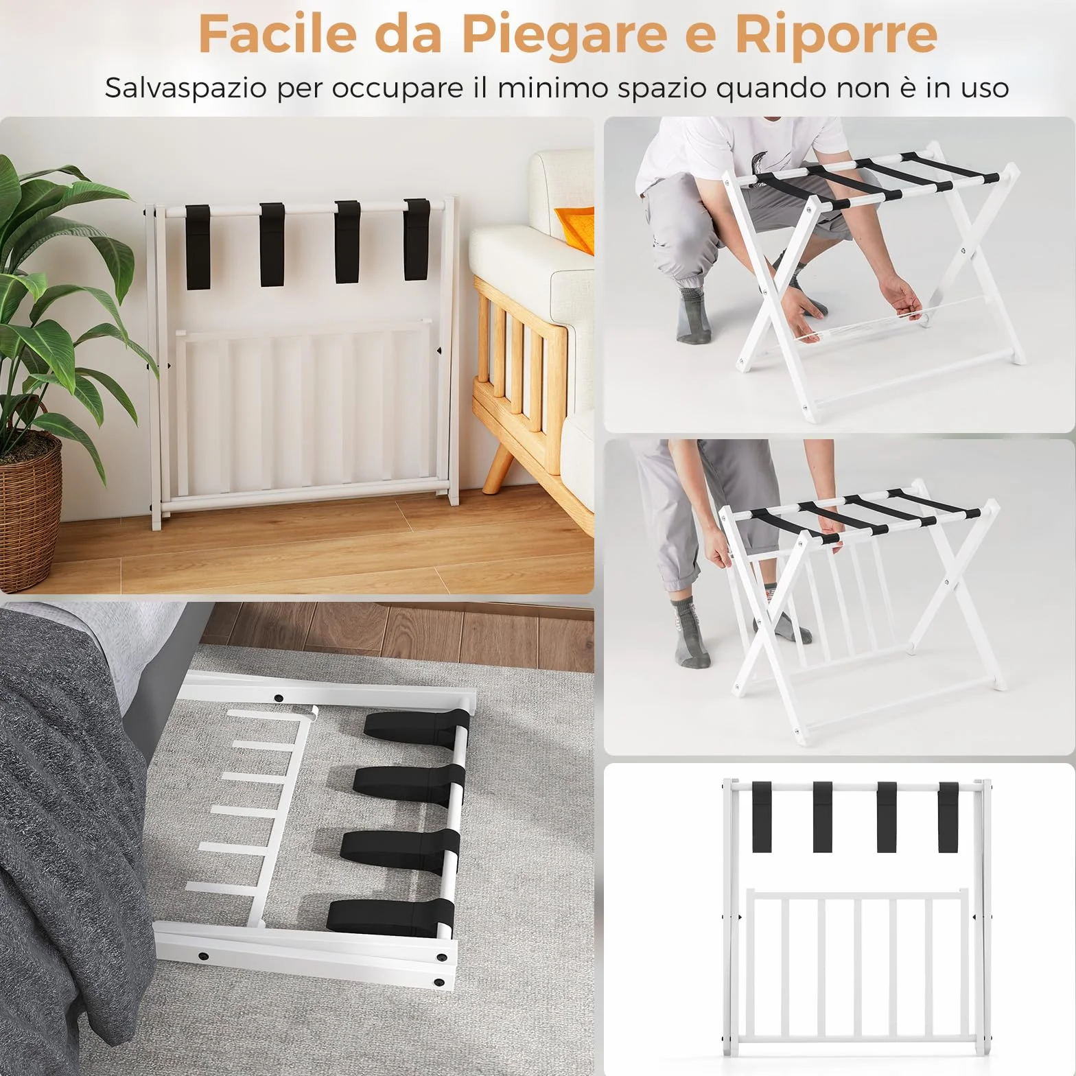 GYMAX Portavaligia da Hotel in Ferro 50 kg Pieghevole a 2 Ripiani 68x45x57 cm 2 Pezzi Bianco