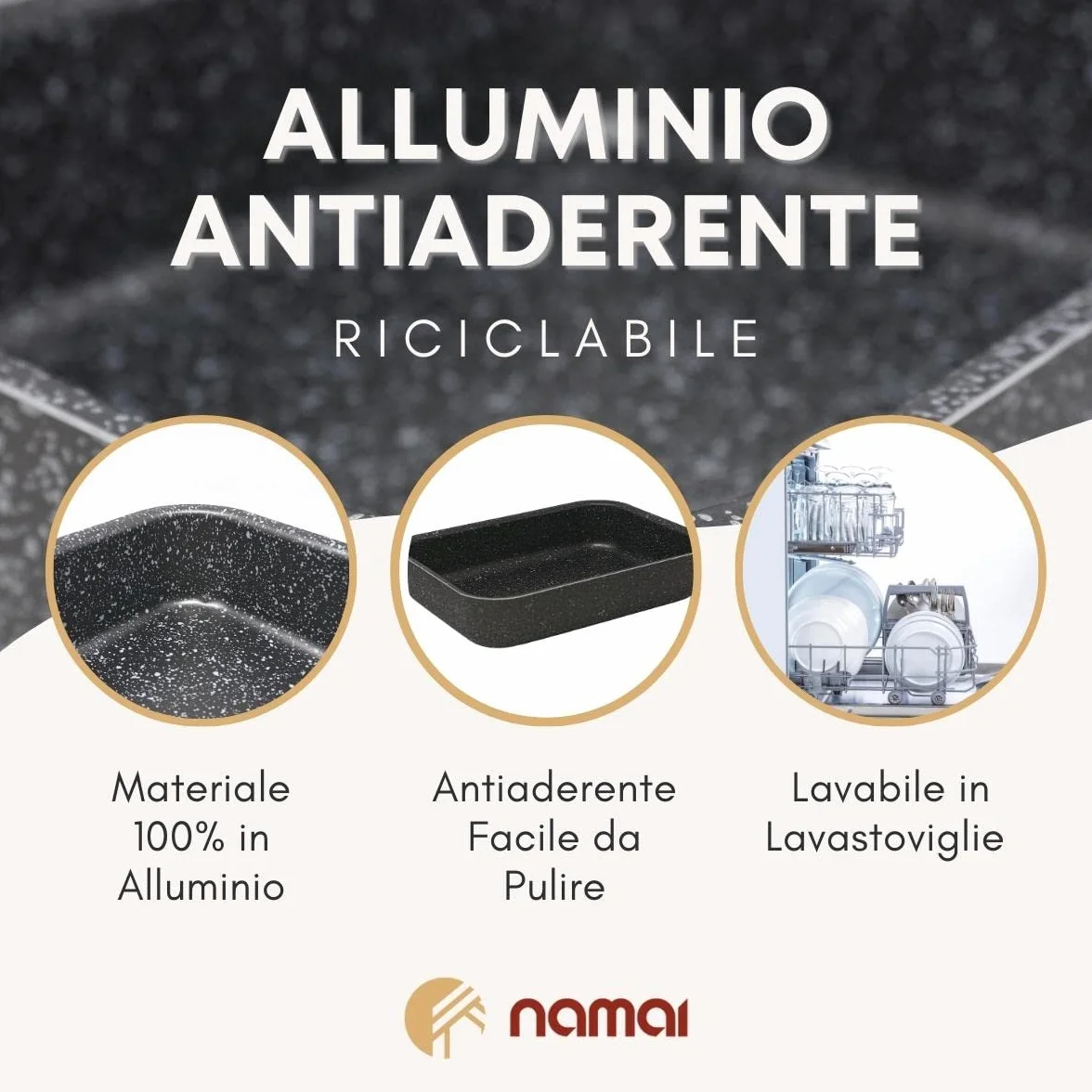 NAMAI Teglia Forno Rettangolare 22cm x 30cm x 6,5cm - Lasagnera Antiaderente - Adatta Per la Lavastoviglie- Alluminio - Teglie da Forno - Design Effetto Pietra (22cm x 30cm)