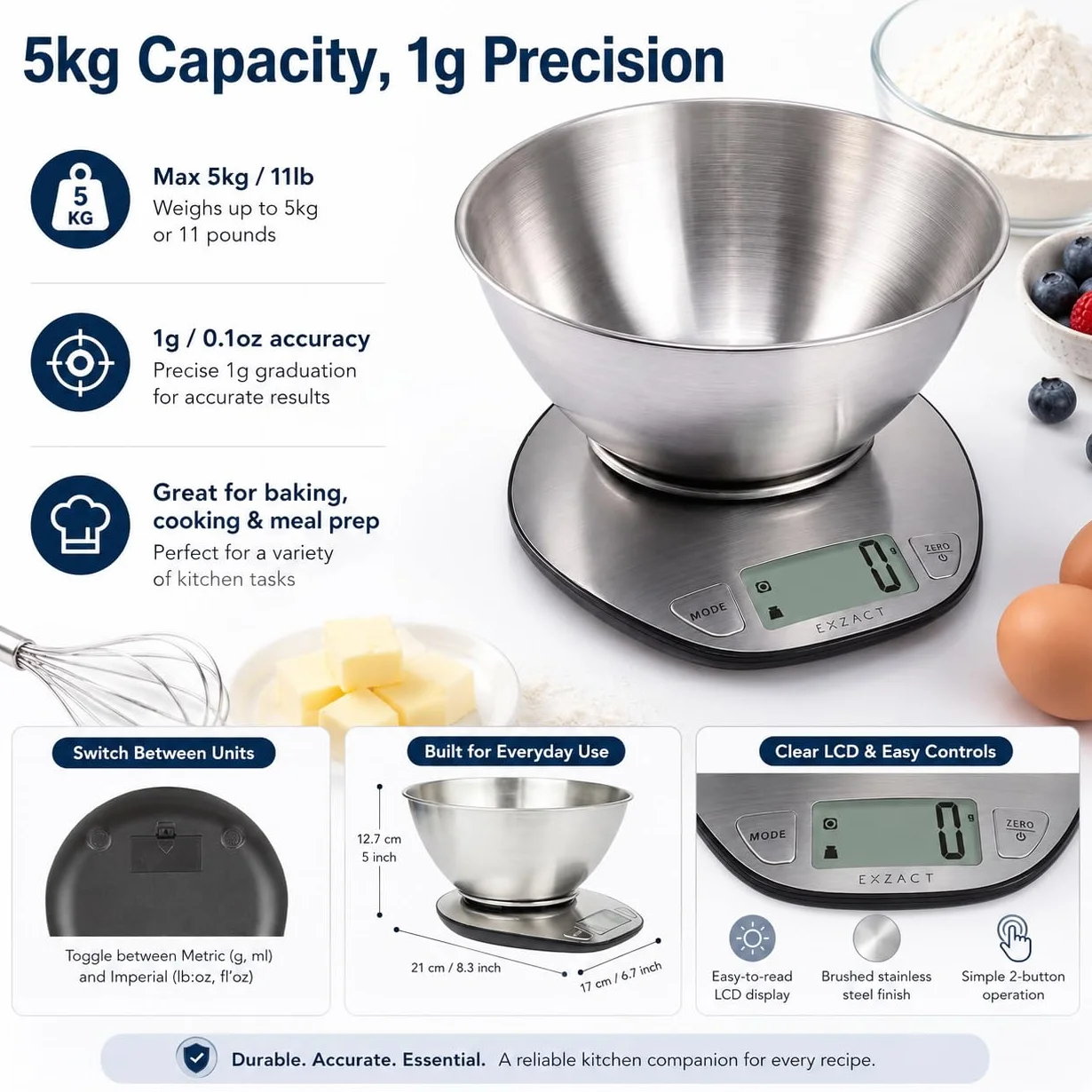 Exzact Bilancia da cucina digitale in acciaio inossidabile - Bilancia con Ciotola Rimovibile - Funzione Tara - Max Capacità 5 kgs - Bilancia da Cucina Elettronica
