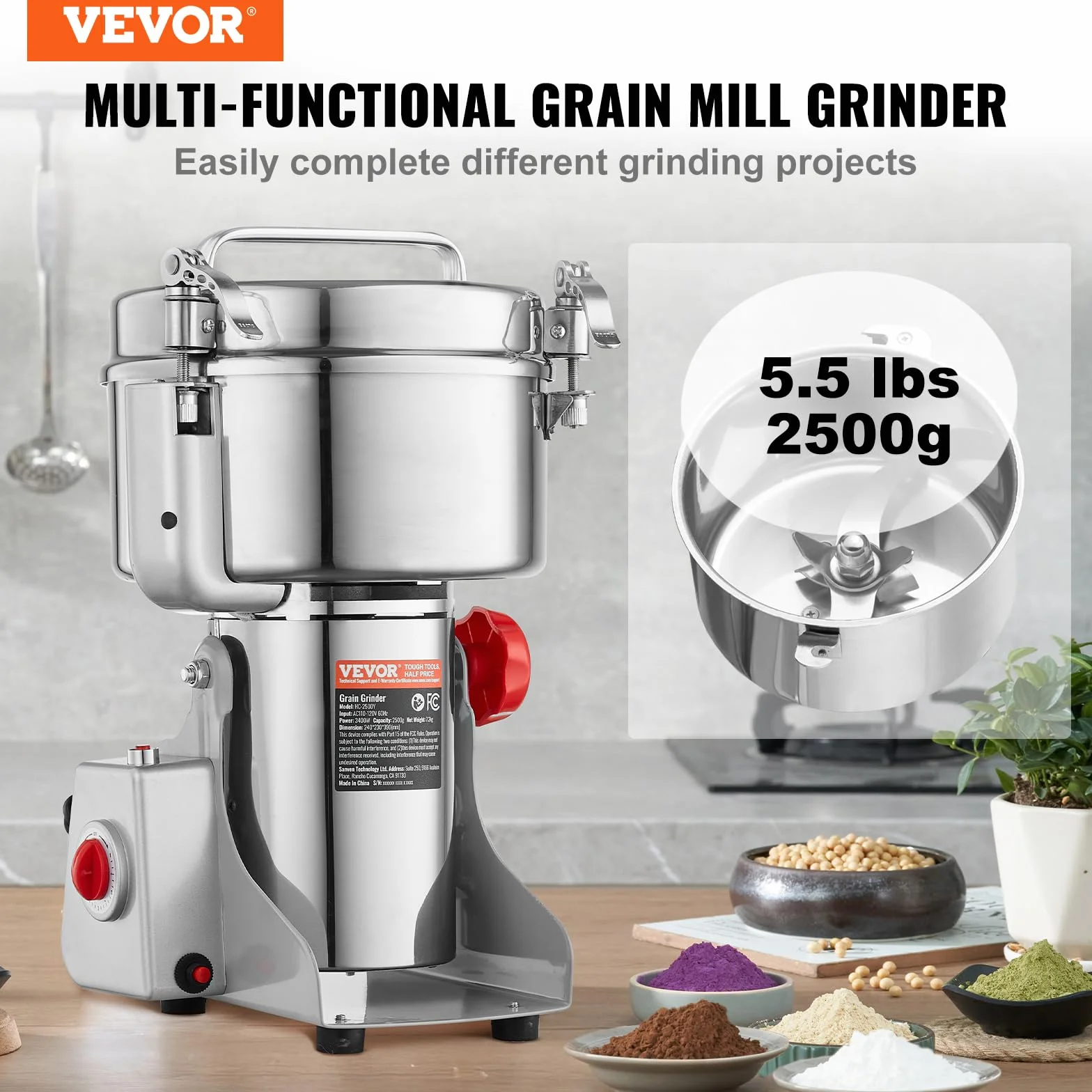 VEVOR 2500g Mulino Elettrico per Cereali, Macina Spezie Commerciale 3400 W, Macchina per Polverizzazione in Acciaio Inossidabile, per Cereali Secchi, Spezie, Caffè, Mais, Pepe, Tipo Oscillante