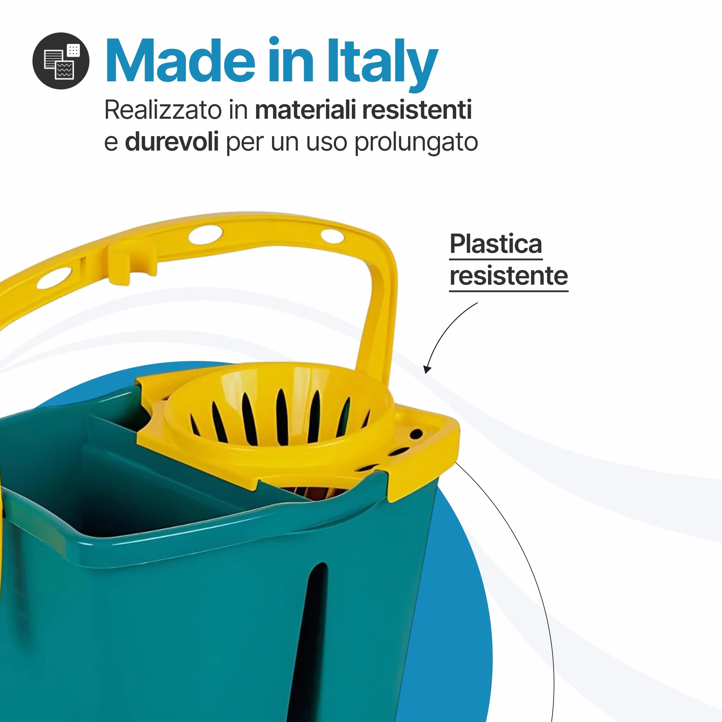 Tomaino - Secchio Lavapavimenti Doppia Vasca in Plastica - Mocio Lavapavimenti 7 litri con Strizzatore - 2 Vasche per Acqua Pulita e Sporca - Secchio Mocio Professionale e Casalingo